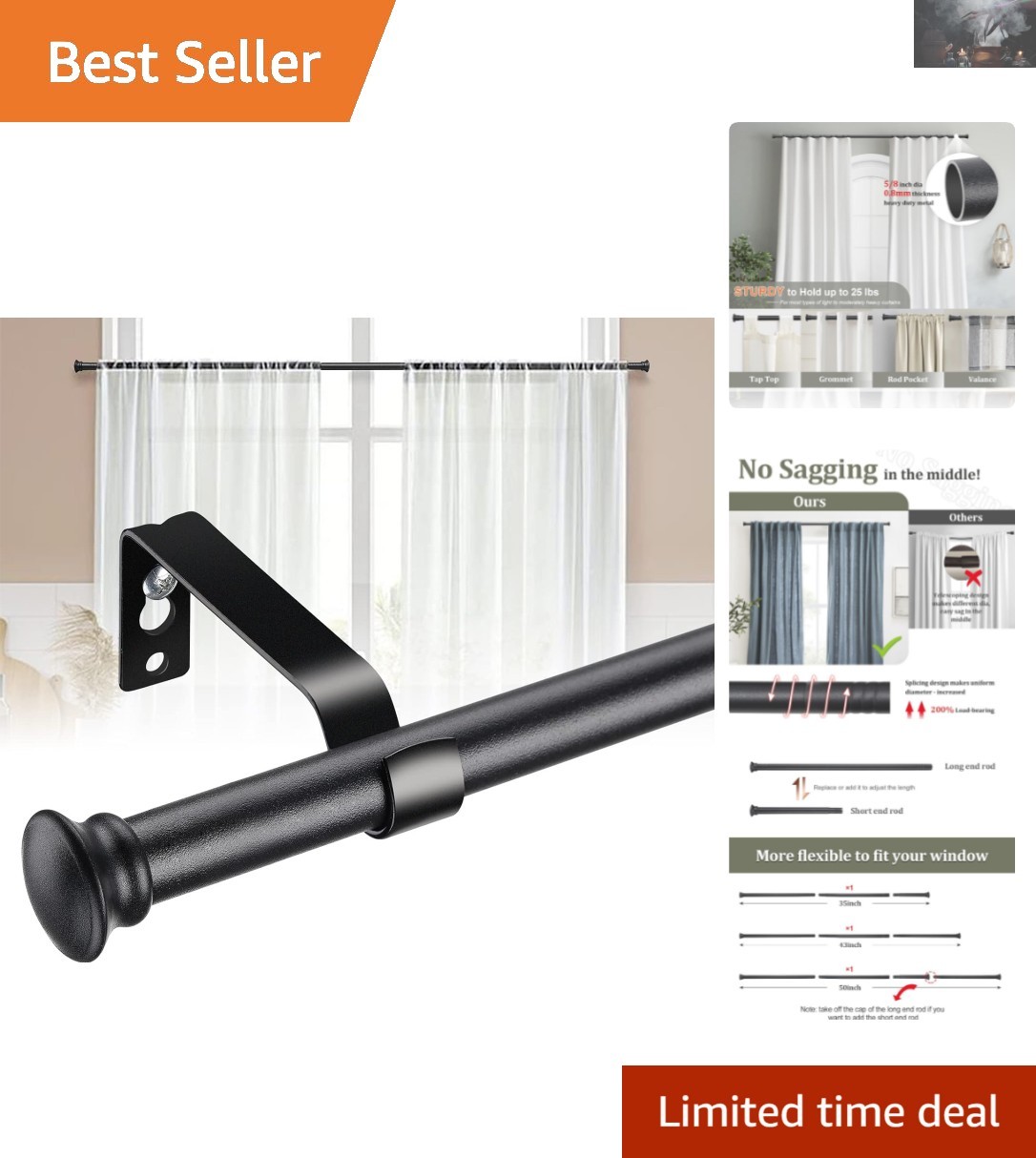 Matte Black 5/8” Curtain Rods for Windows 28-50” – Includes Mounting Hardware