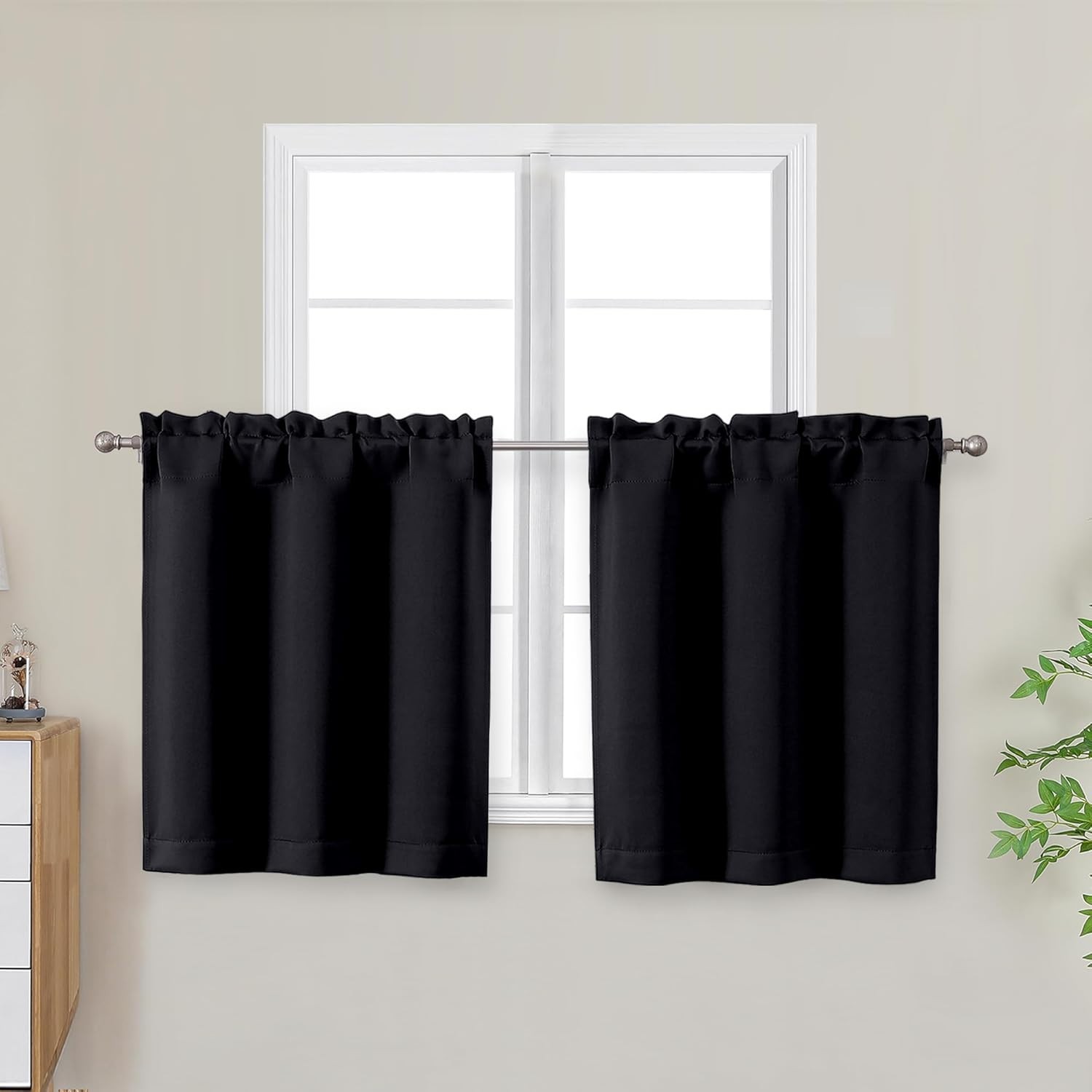 24 Inch Blackout Tier Curtains Black Rod Pocket Half Window Panels For Kitchen B