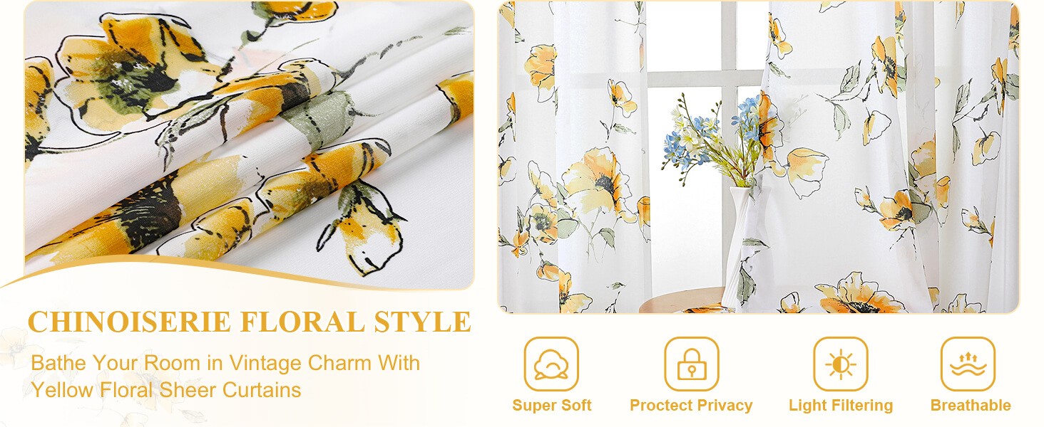 Floral Sheer Window Curtains 72 inches long 2 Panels Set-Chinoiserie Wild Fower