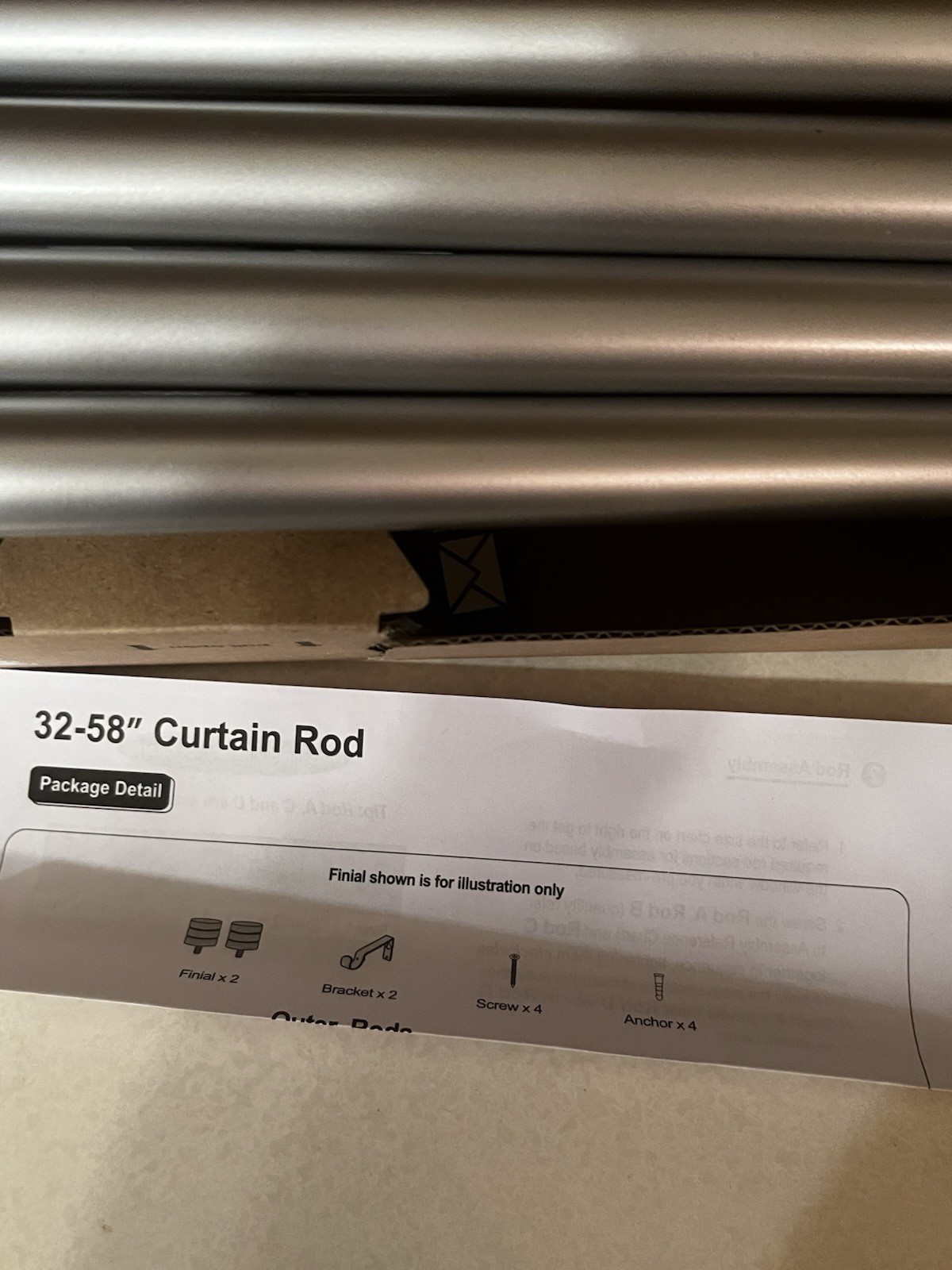 Curtain Rod 32–58 in Brushed Nickel w/ Finials Brackets Screws Complete Set