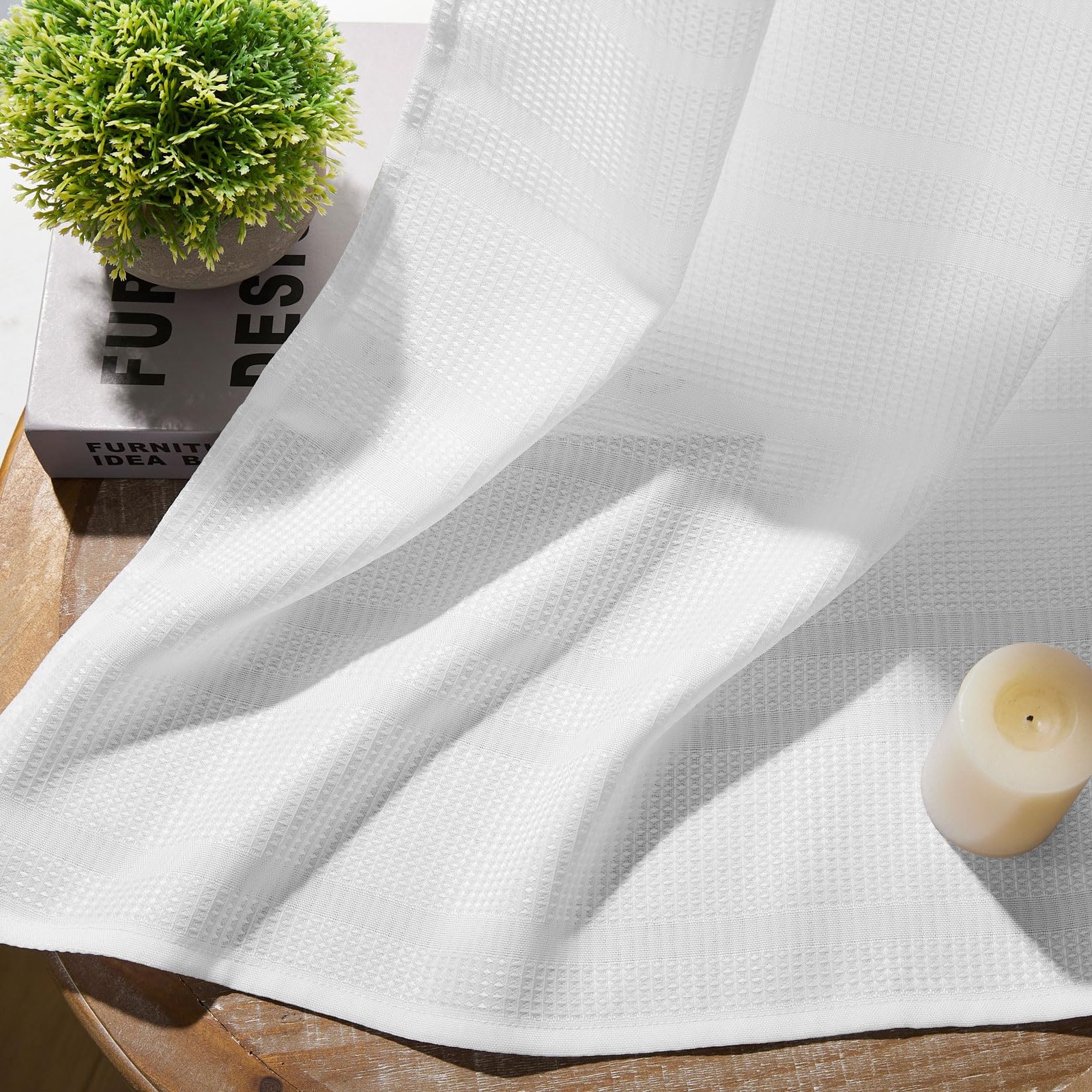 White Water Resistant Bathroom Window Curtain, Waffle Textured Half Tier Curt…