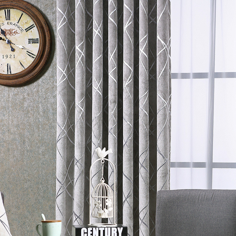 Shiny Silver Stripe Blackout Curtain Beige Gray Cloth Window Drape Modern 63/84″