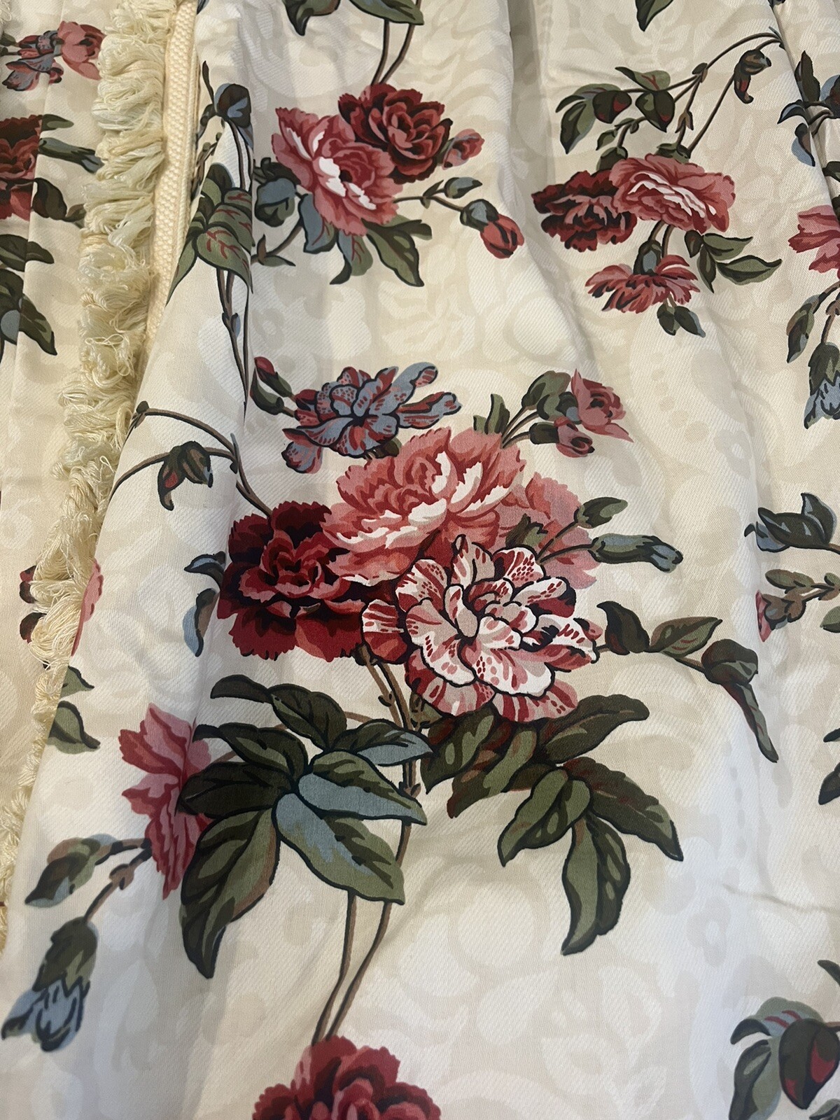 CUSTOM FLORAL WINDOW TREATMENT DESIGNER CHINTZ PANELS LINED TRIM CREAM 2