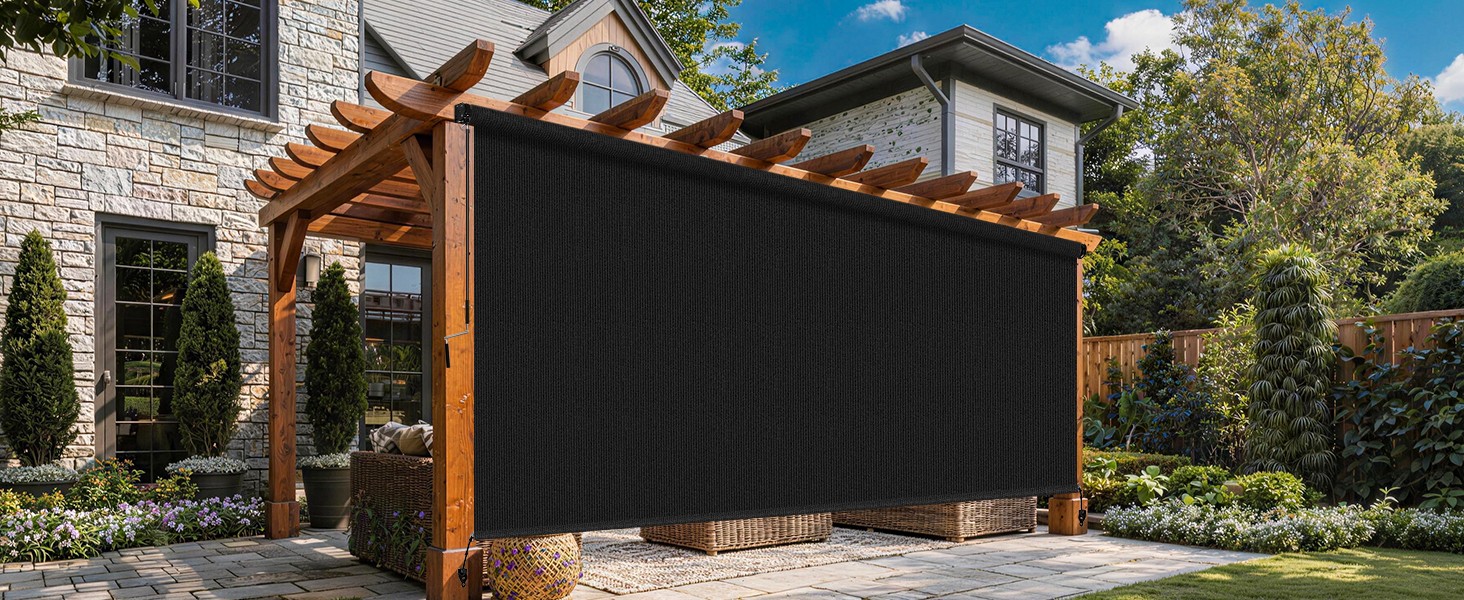 10’W x 8’H Gray Outdoor Roller Shade with Crank Wand Patio Shades Roll up,
