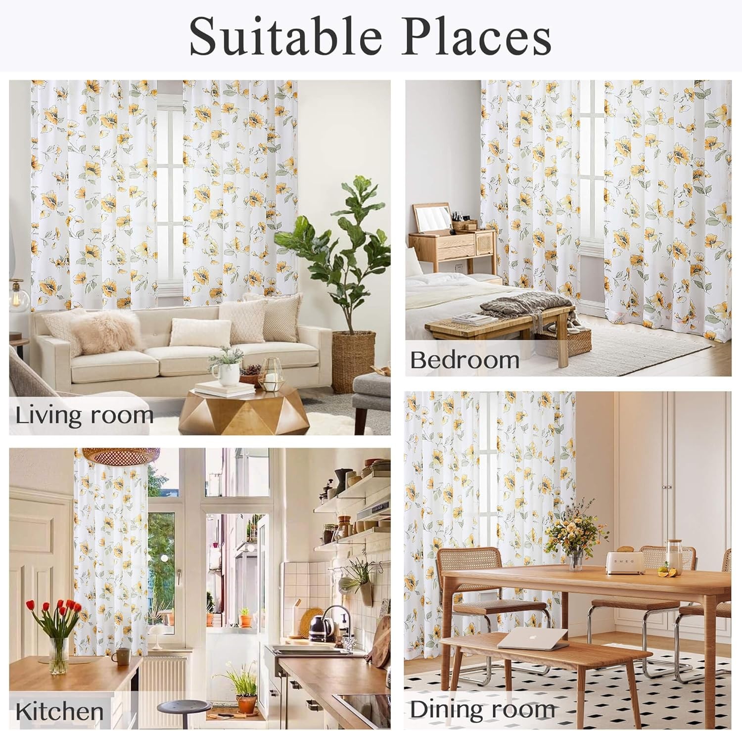 Floral Sheer Window Curtains 72 inches long 2 Panels Set-Chinoiserie Wild Fower