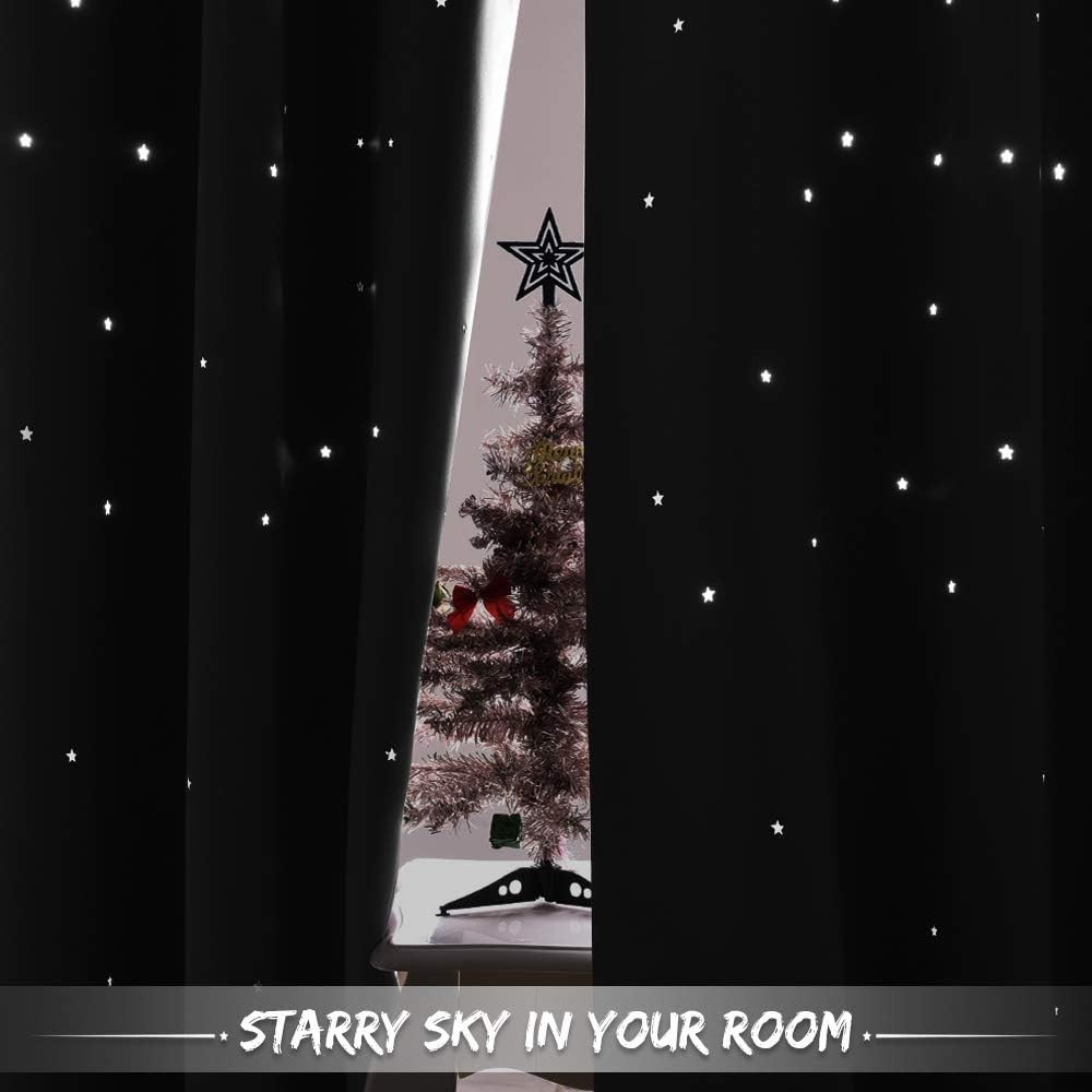 Kids Curtains, Navy Blue Romantic Star Curtains Thermal Insulated Blackout Cu…