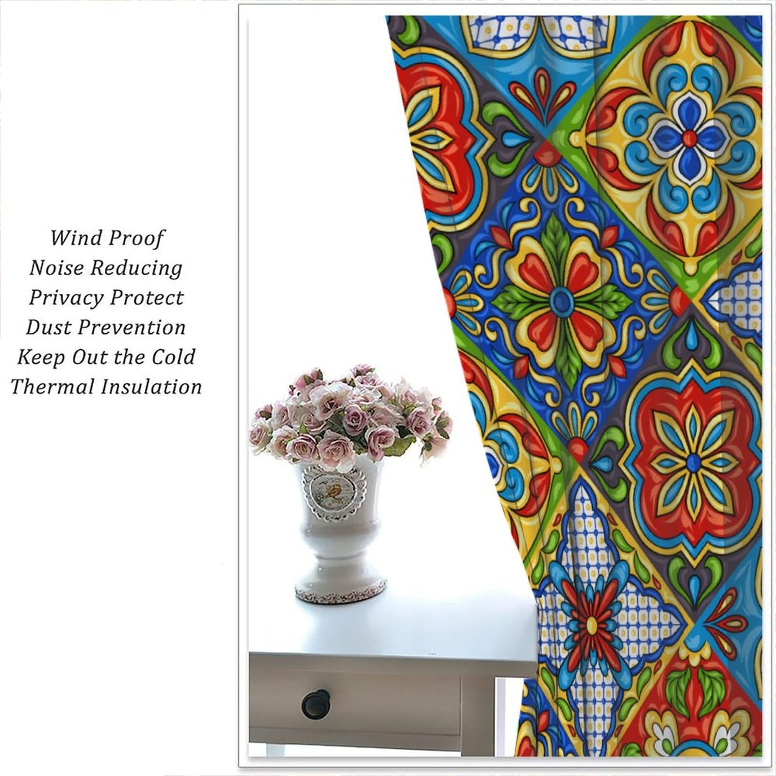 Mexican Tile Curtains, Boho Colorful Flowers Talavera Style Pattern Print Win…