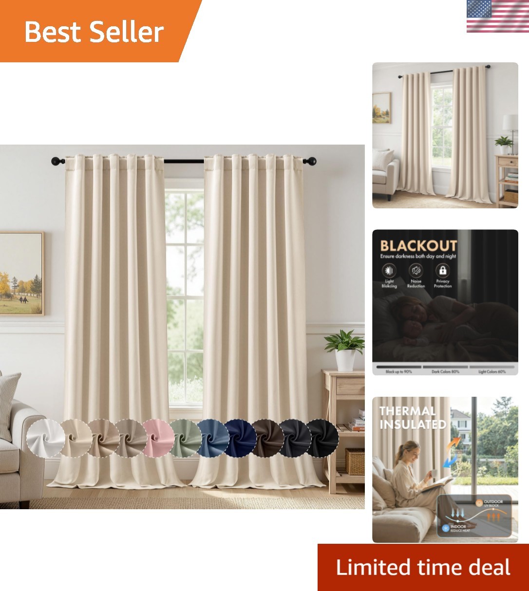 Cream Beige Pinch Pleat Blackout Curtains 96 Inch Length 2 Panels Set for Bed…