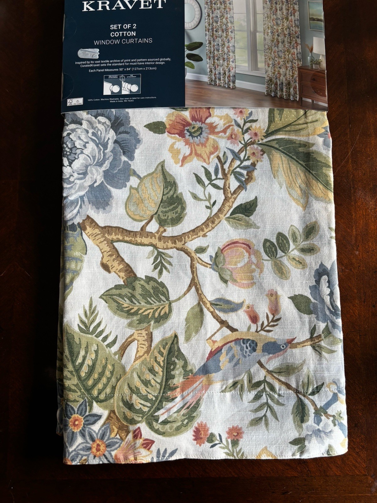 NWT Curated Kravet 2 pc Window Curtains Jacobean Floral Birds Cotton 50″ x 84″