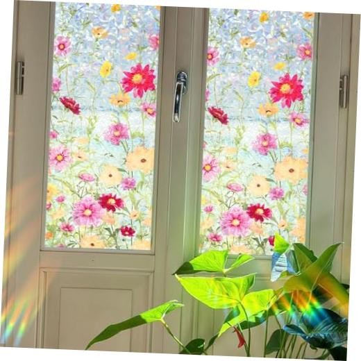 Holographic Floral Privacy Window Film, 3D Laser Static Cling, No Glue, UV