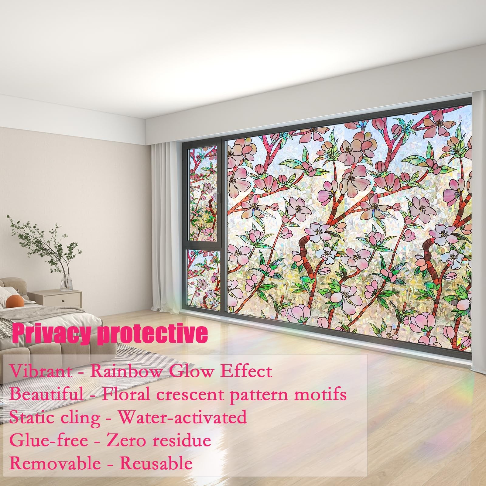 Peach Blossom Static Window Film, Floral Decorative Window Cling, No Glue Pri…
