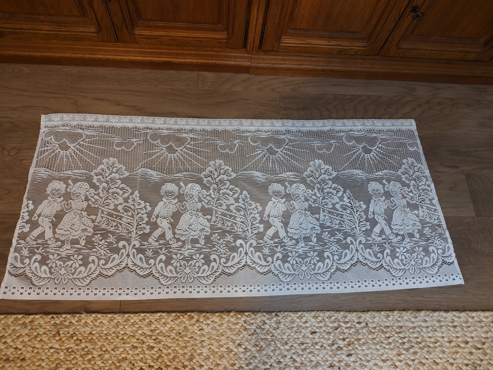 European Lace Curtain Children Sun Pigtails Boy Girl Outdoors Scene Trees Ecru