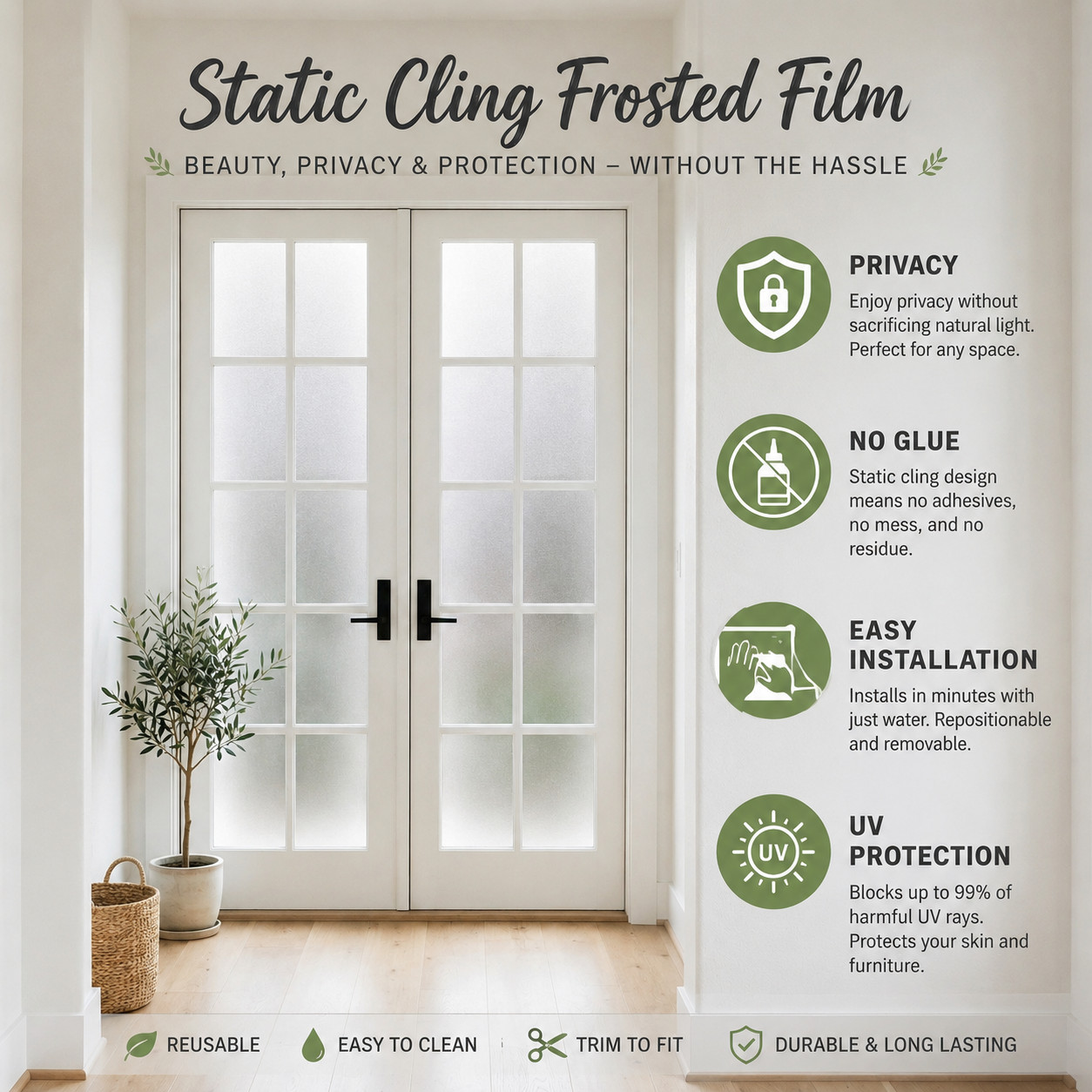 Custom Cut Frosted Privacy Window Film Static Cling No Glue Removable Home Use