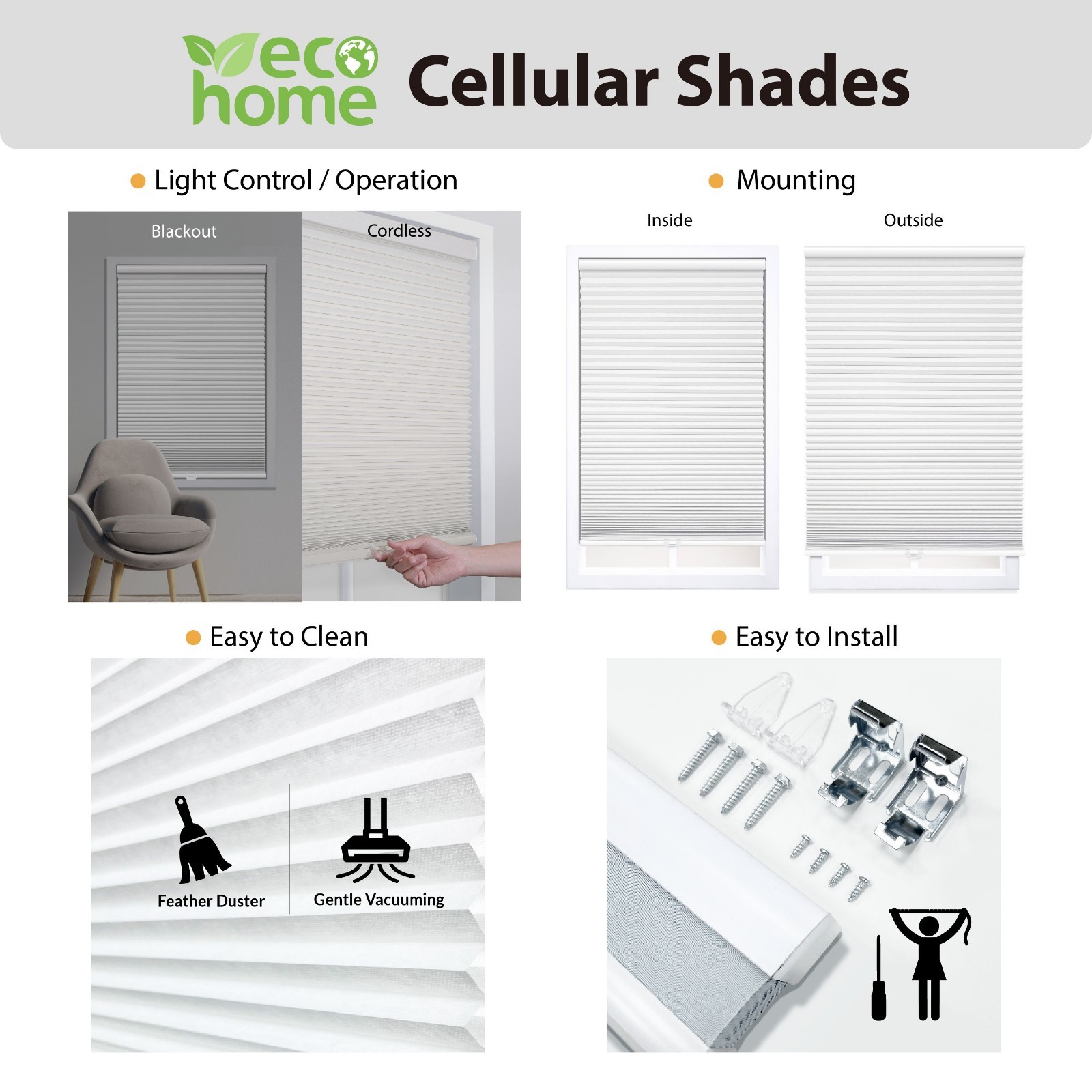 Cordless Polyester Blackout Cellular Shade, 1-Piece, White, 34″ W x 72″ L