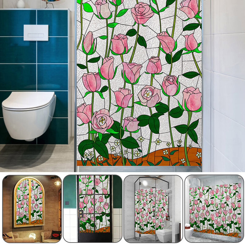 Retro Pink Flower Blossom Window Film Print Sticker Cling Stained Glass Decor