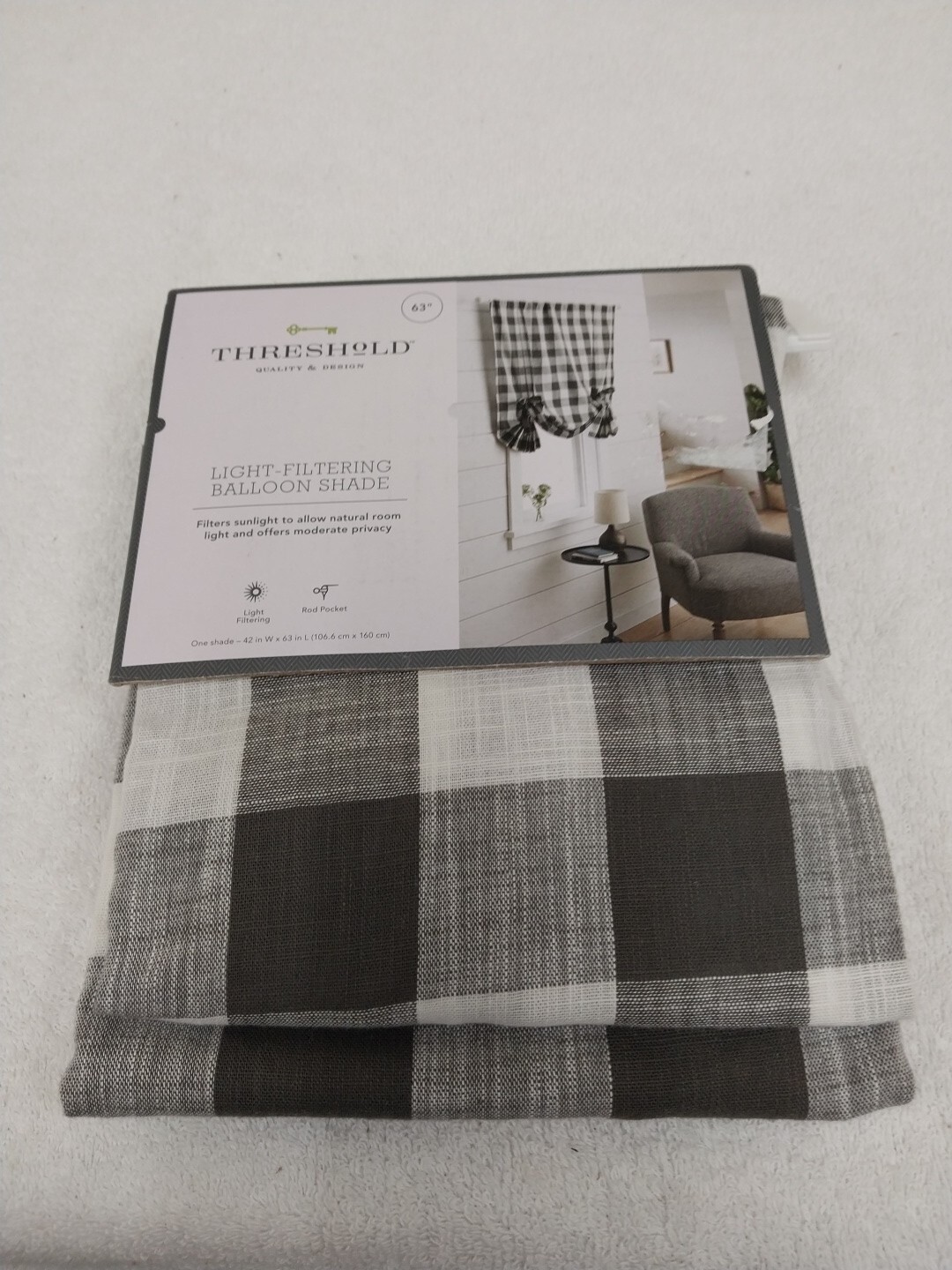 Threshold Light- Filtering Ballon Shade Curtain 63in x 42in Gray Checkered