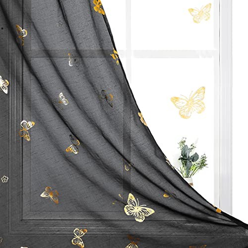 and Gold Butterfly Sheer Curtain Panels52 Inches 52″W x 63″L (Pack of 2) Black