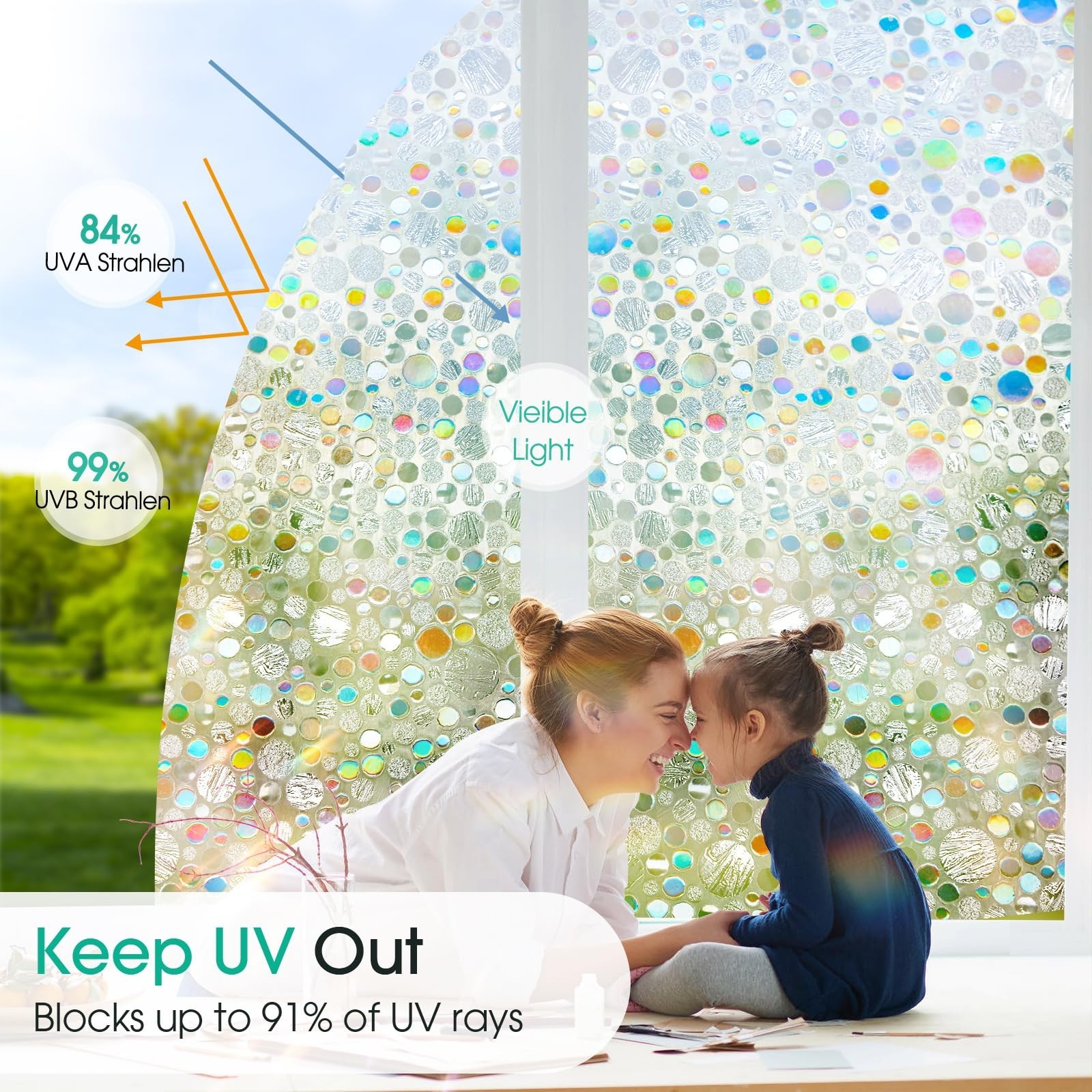 Iridescent Window Film, Bubble Design, 91% UV Blocking,No Glue Needed,Multicolor