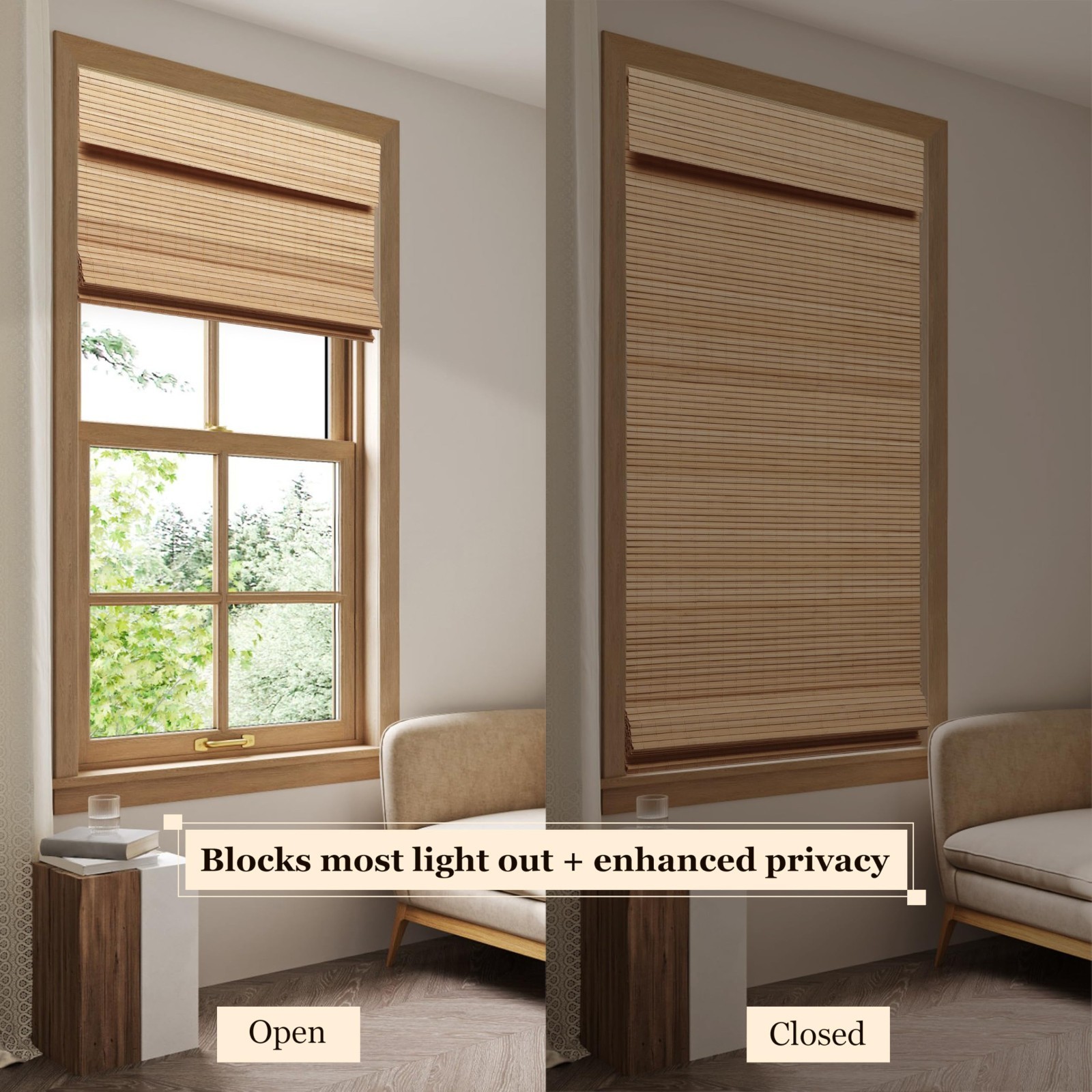 LUCKUP Cordless Bamboo Roman Blinds 28″x64″ Blackout Room Darkening Window Shade