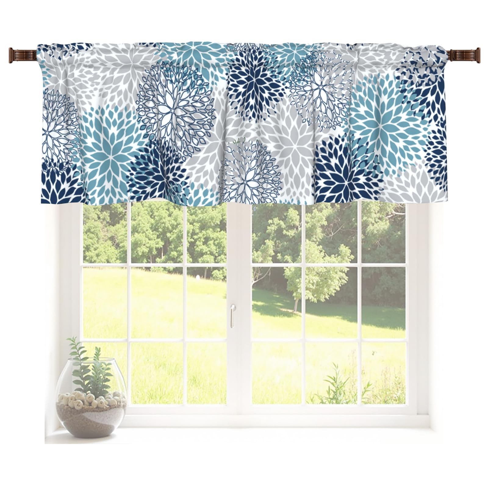 Blue Gray Dahlia Valances Curtain for Kitchen Navy Blue Flowers Short Curtain…
