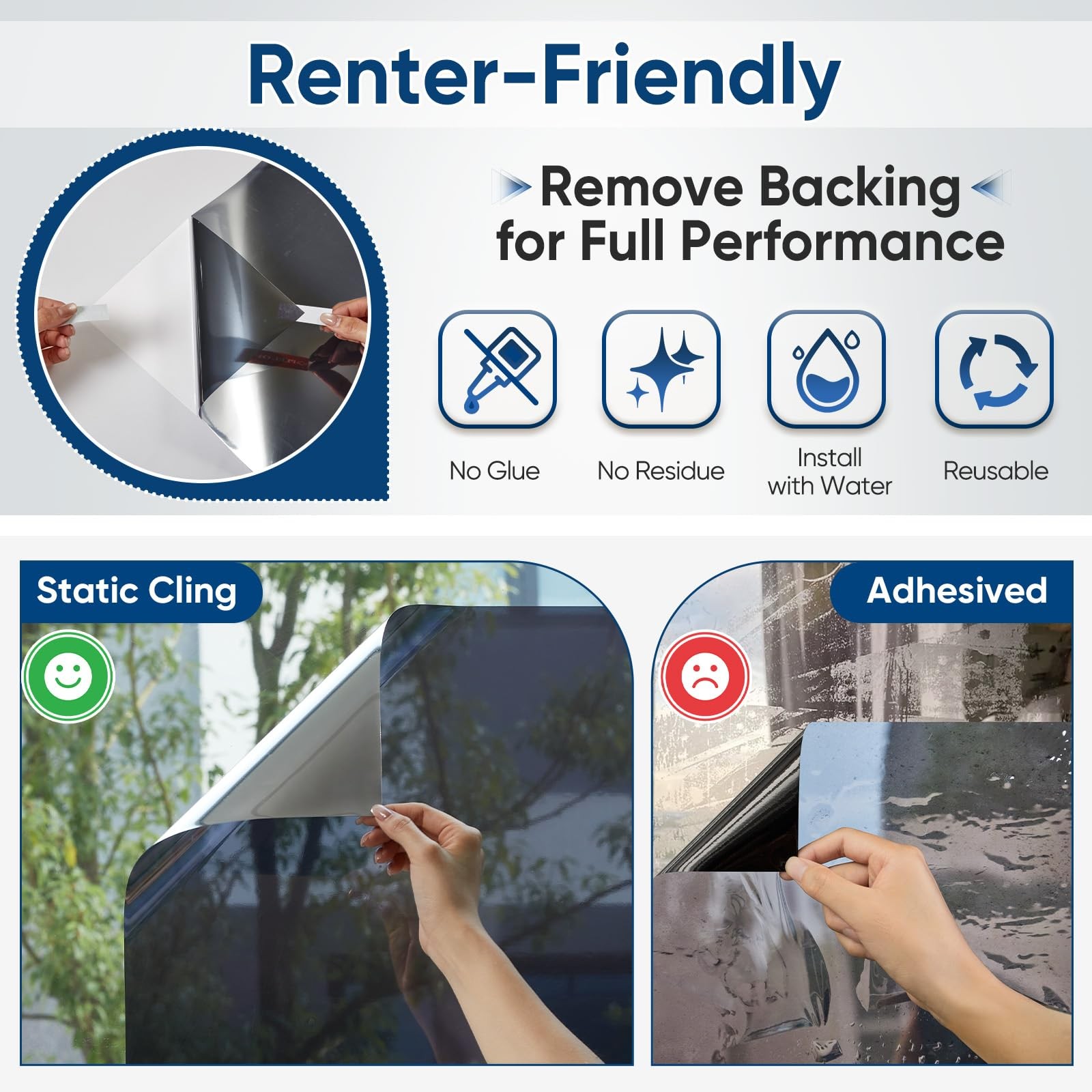 Window Tint for Home, One Way Privacy Film Heat & UV Blocking, Static Cling N…