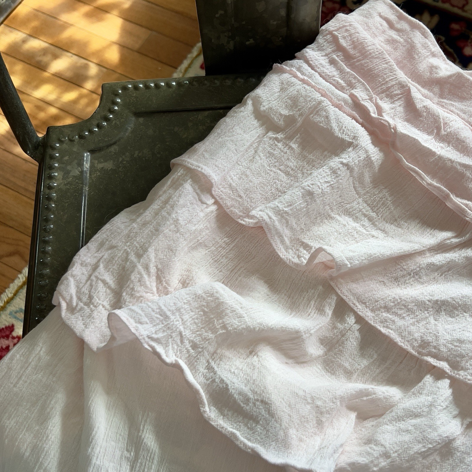 VTG SIMPLY SHABBY CHIC TRIPLE RUFFLE PINK COTTON GAUZE CURTAIN PANEL PAIR 50×82