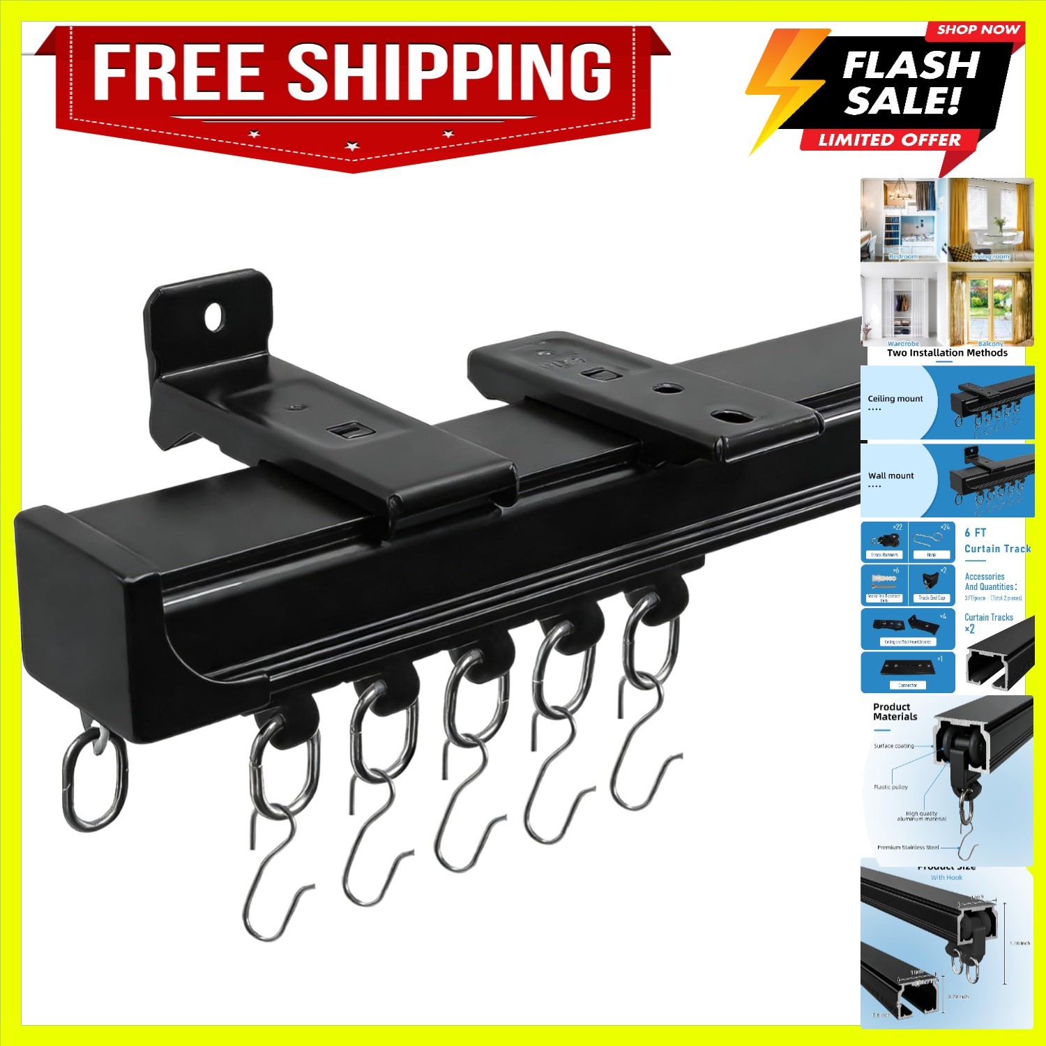 Curtain Tracks Ceiling Wall Mounted Black 6FT Curtain Tracks with Hook for Ro…