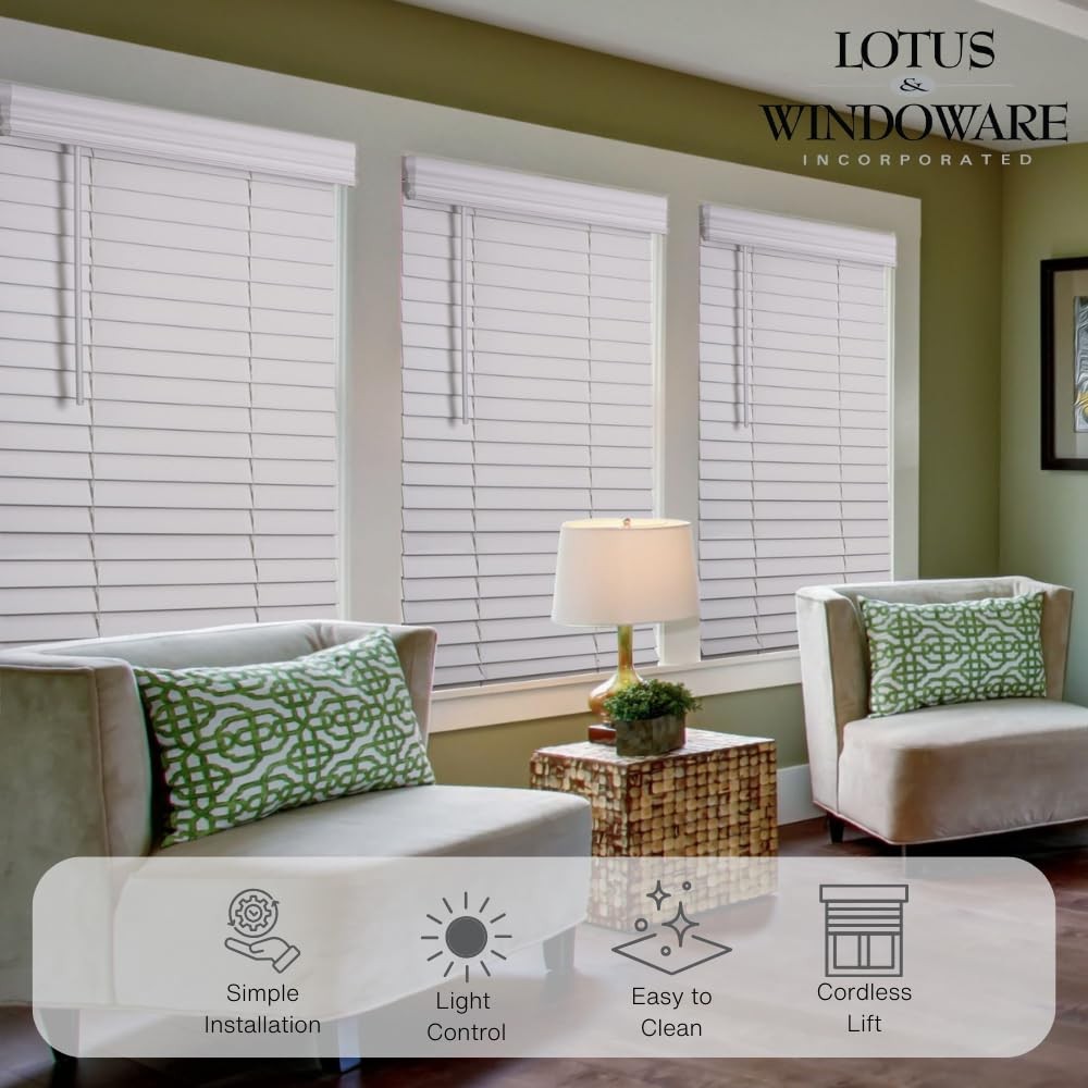 Lotus & Windoware Cordless, 2 Inch Faux Wood Blind, 81″ Wide x 60″ Long, Wind…