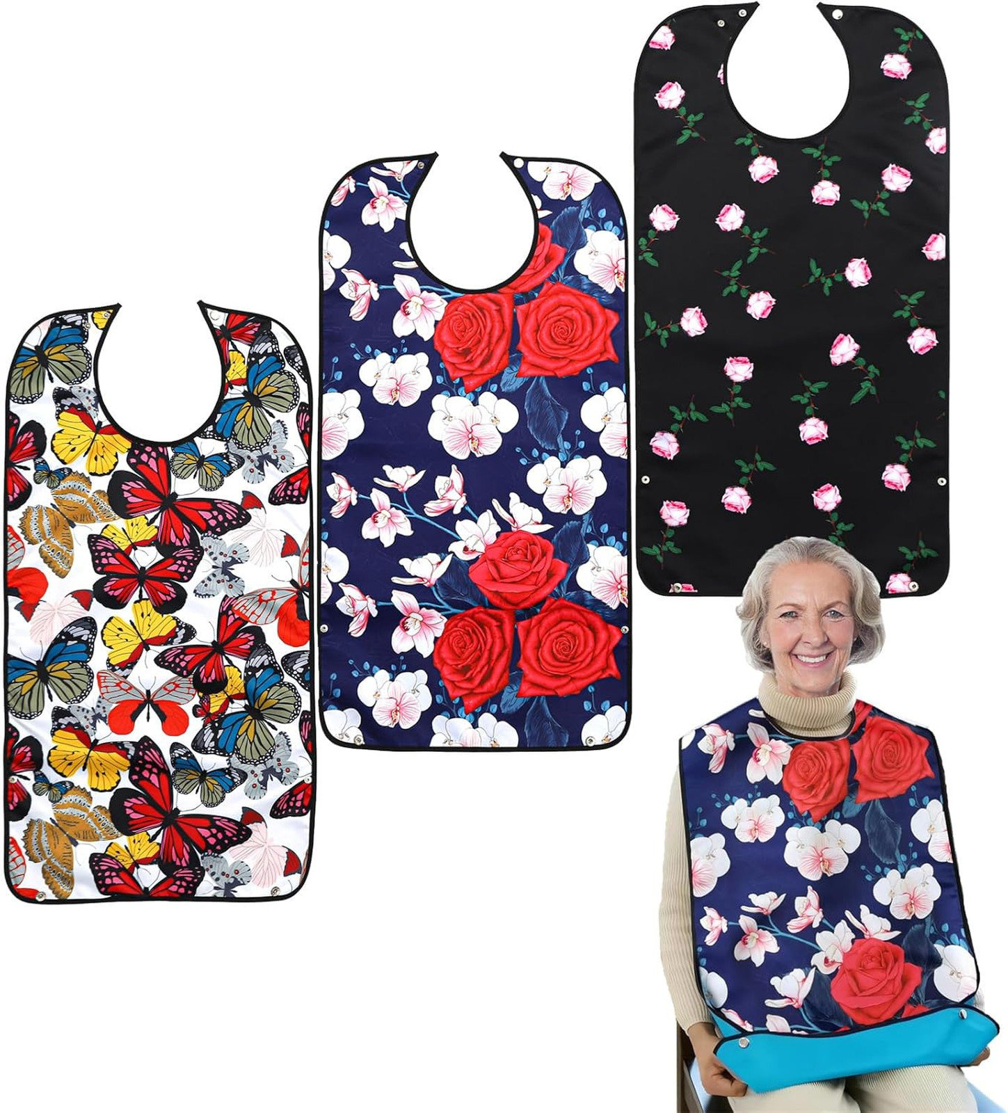 Adult Bibs 3 Pack Reusable Waterproof Dining Clothing Protector for Women with