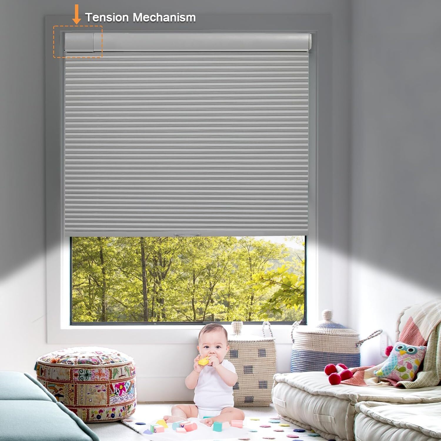 No Screw Installation Clearance Light Filtering Gray Cellular Blinds Honeycomb