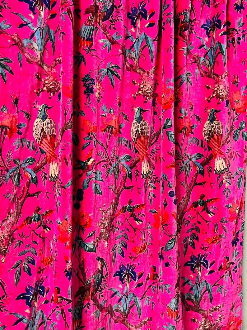 Vintage Cotton Velvet Hot Pink Bird Print Luxury Curtain, Boho Curtain Drapes