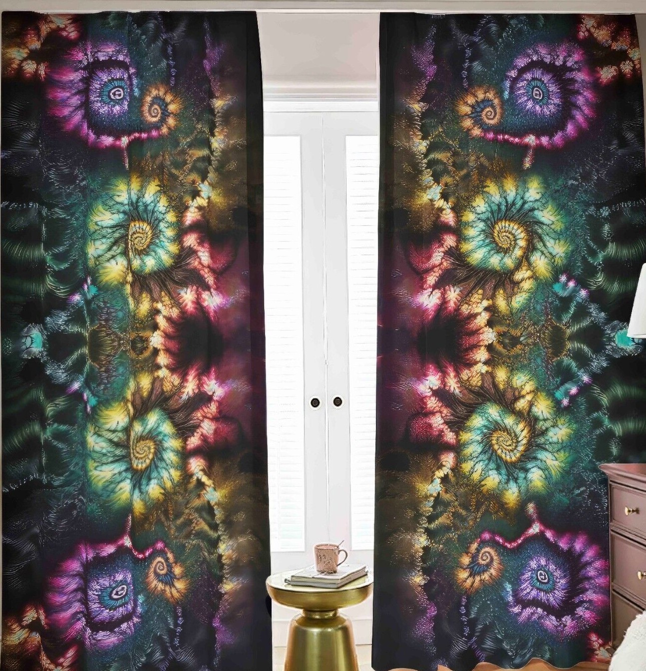 Psychedelic Tie Dye Blackout Curtains Black Out Rainbow Spiral Tied Dyed Neon