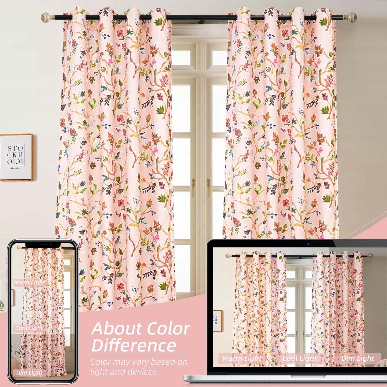 Driftaway Lauren Pink Blackout Curtains For Bedroom Colorful Watercolor Branch
