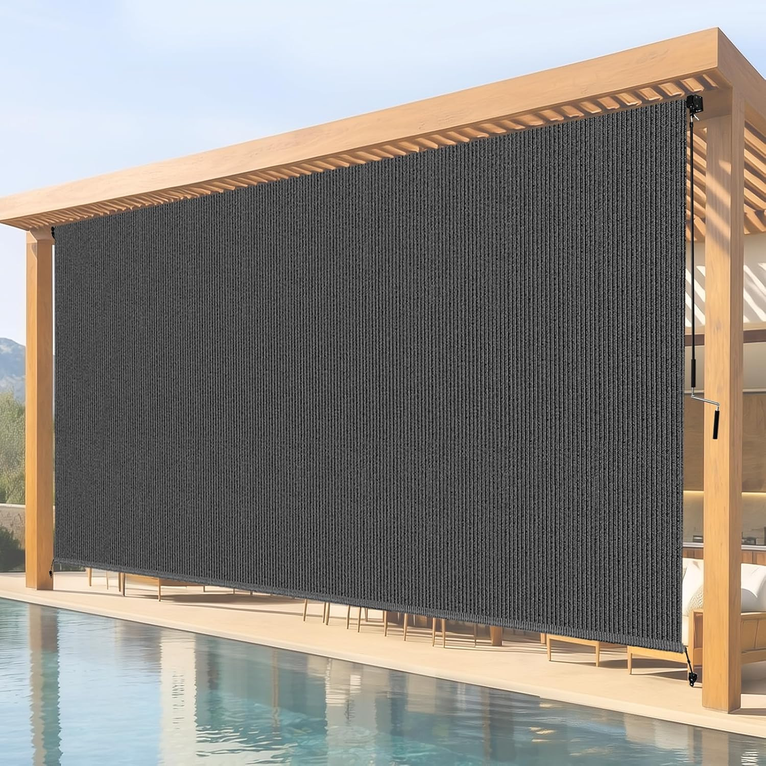 10’W X 8’H Gray Outdoor Roller Shade with Crank Wand Patio Shades Roll Up, Priva