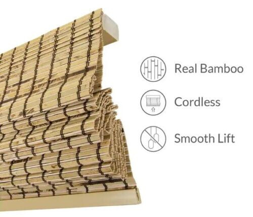 48×64 in HOMEbasics Burnout Cordless Bamboo Roman Shade – 48″W x 64″L