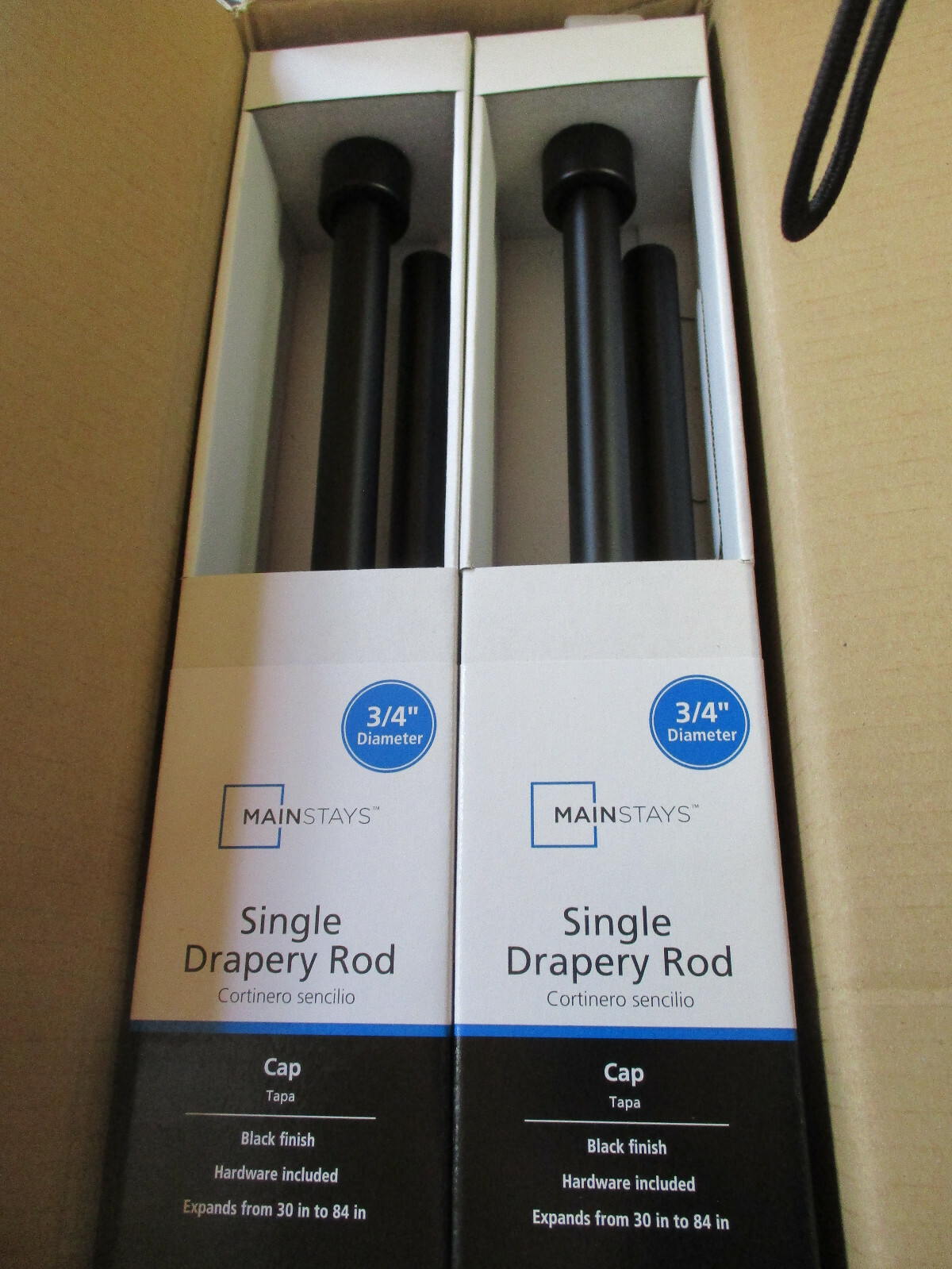 LOT OF 2 NEW Mainstays 3/4″ Capped Single Adjustable Curtain Rods 30-84″BLACK uf