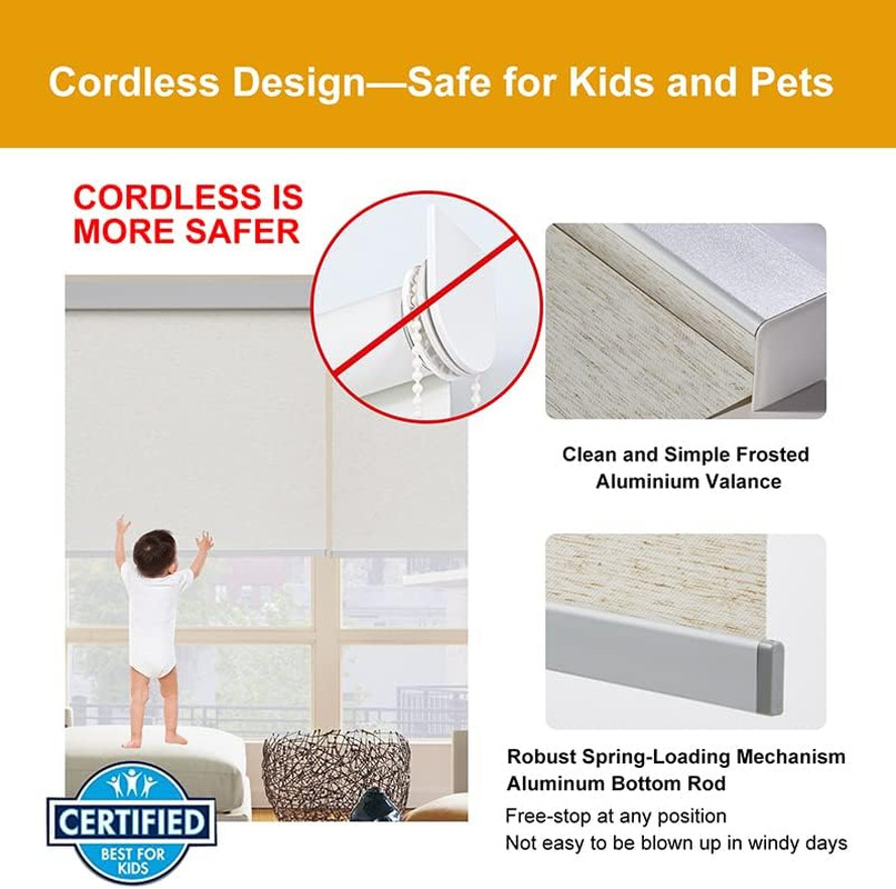 Persilux Free-Stop Cordless Roller Shades for Windows (Cream 23″W x 72″H) Natura