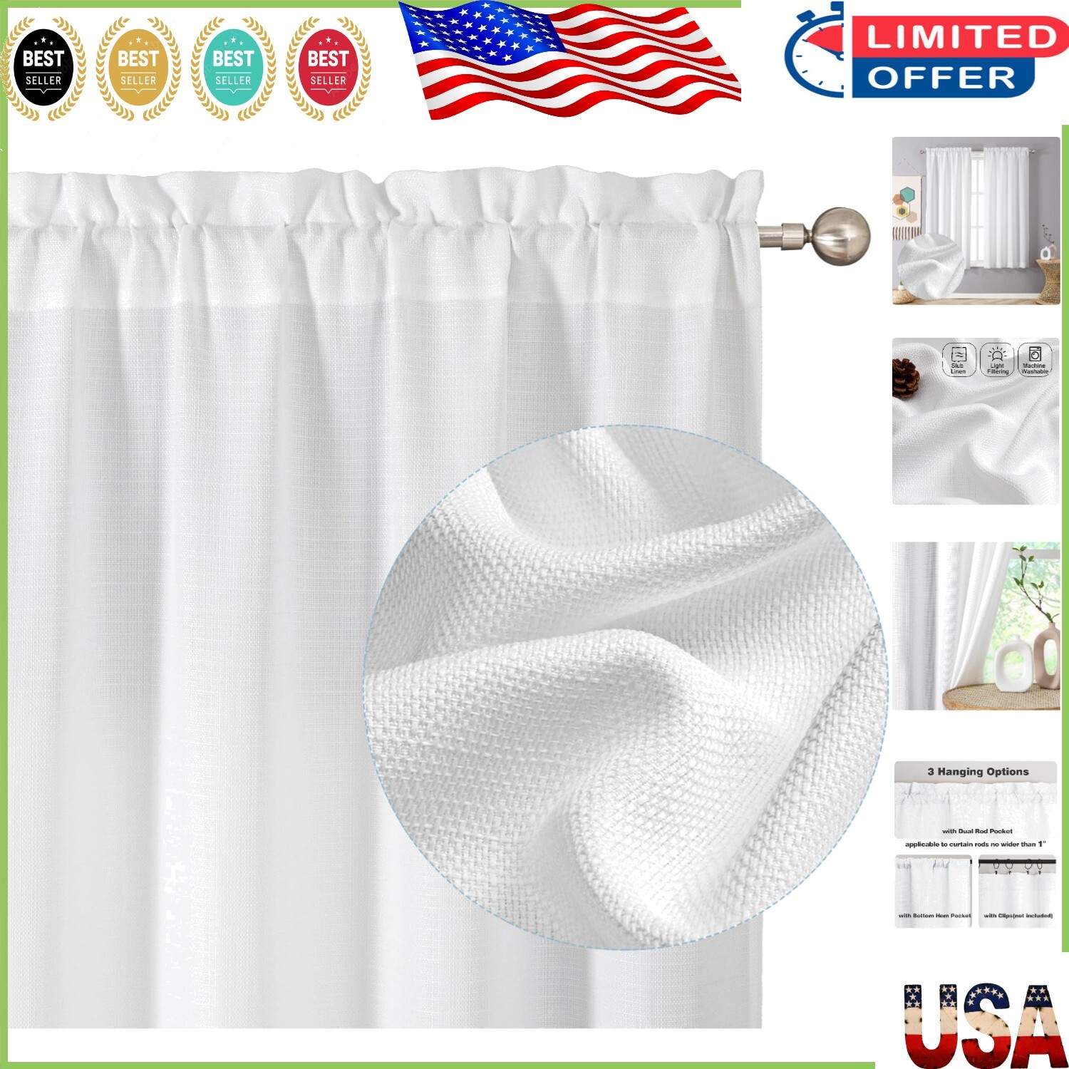 Rod Pocket Light Filtering White Curtains 30W x 54L Inch – Set of Two Panels