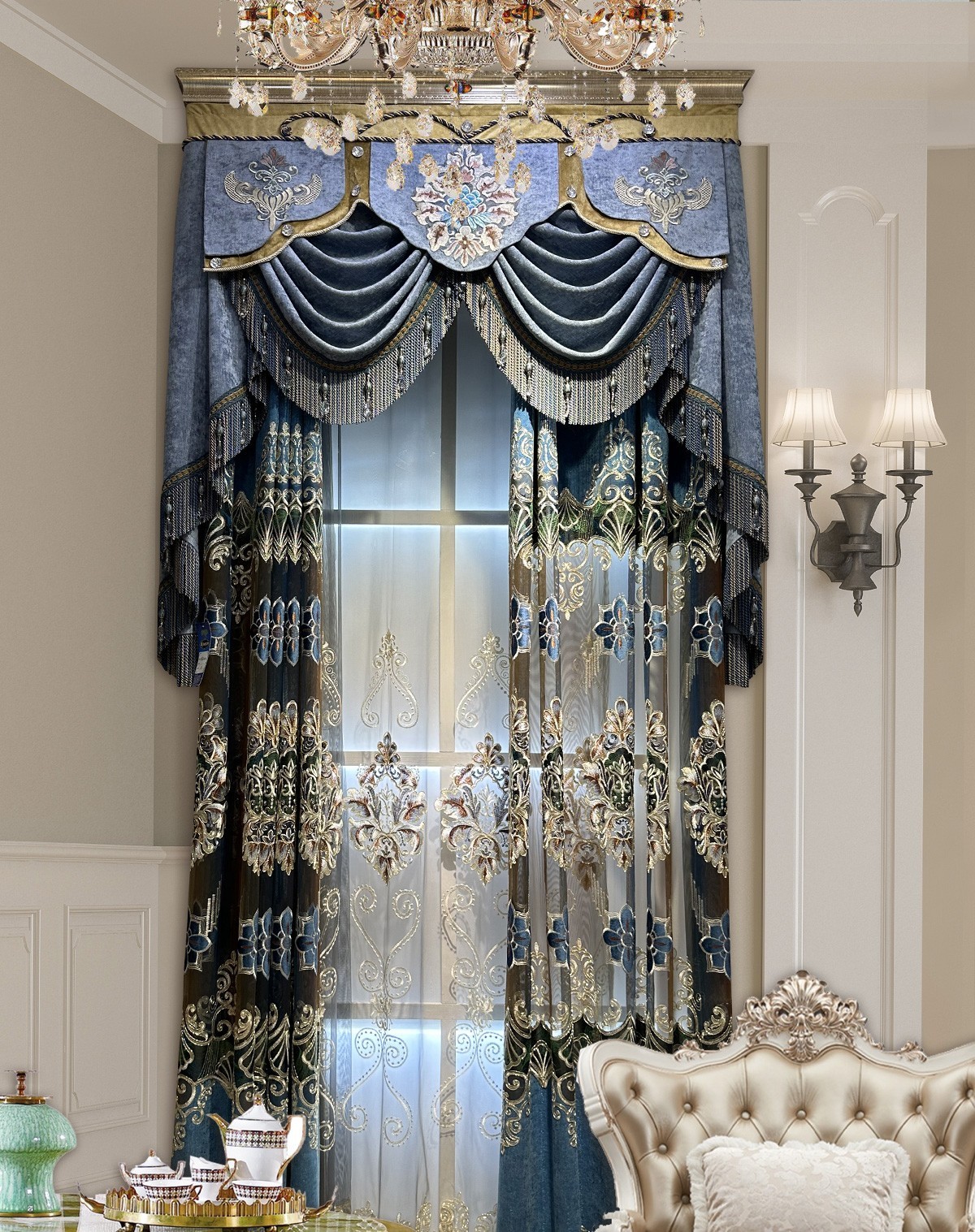 luxury European embroidery valance blue hollow-out cloth curtain tulle M1840