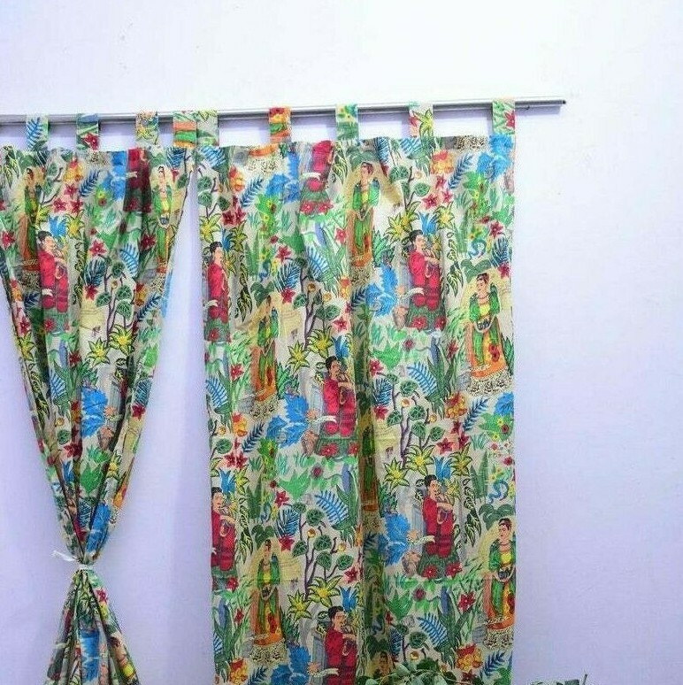 Frida Kahlo Print Curtains Set Of Two Panel Cotton Boho Decor, Housewarming Gift