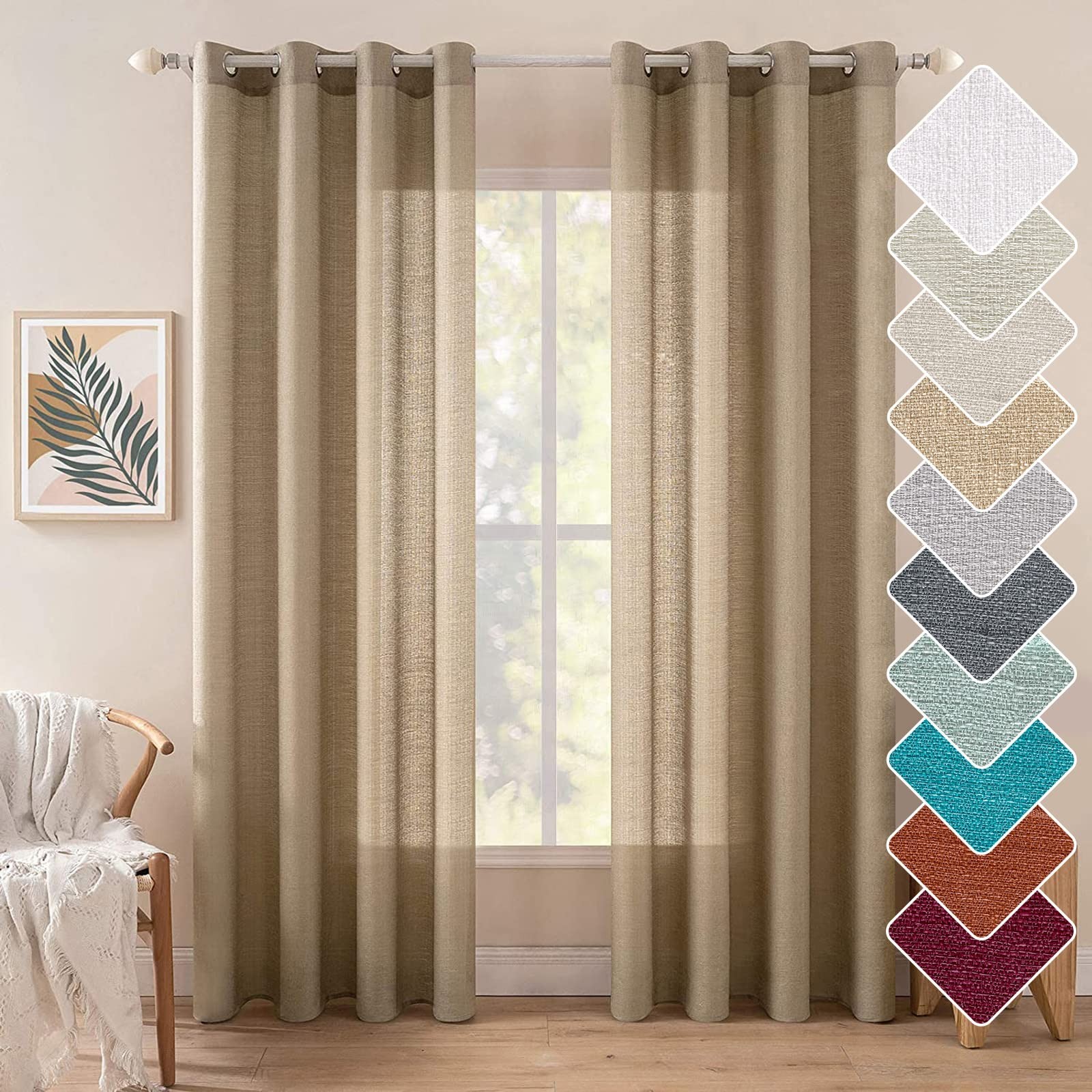 Tan Brown Faux Linen Textured Semi Sheer Curtains 2 Panels Set for Bedroom Li…