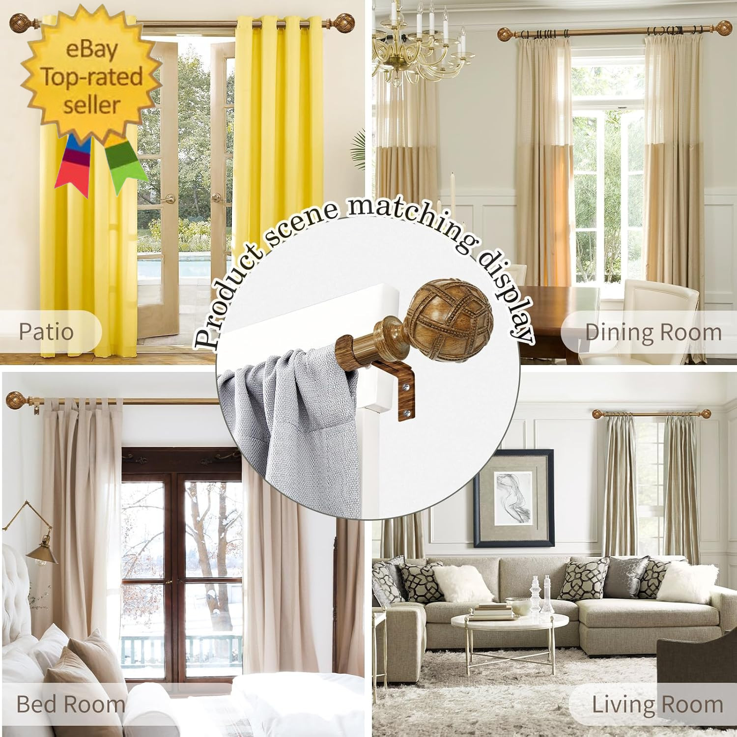 Wood Curtain Rods for Windows 84 to 120 Inch(7-10Ft): 1 Inch Adjustable Heavy Du