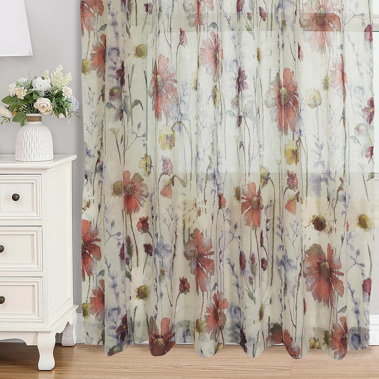 Sheer Floral Curtains 63in 2 Panels Rod Pocket Light Filtering 42×63