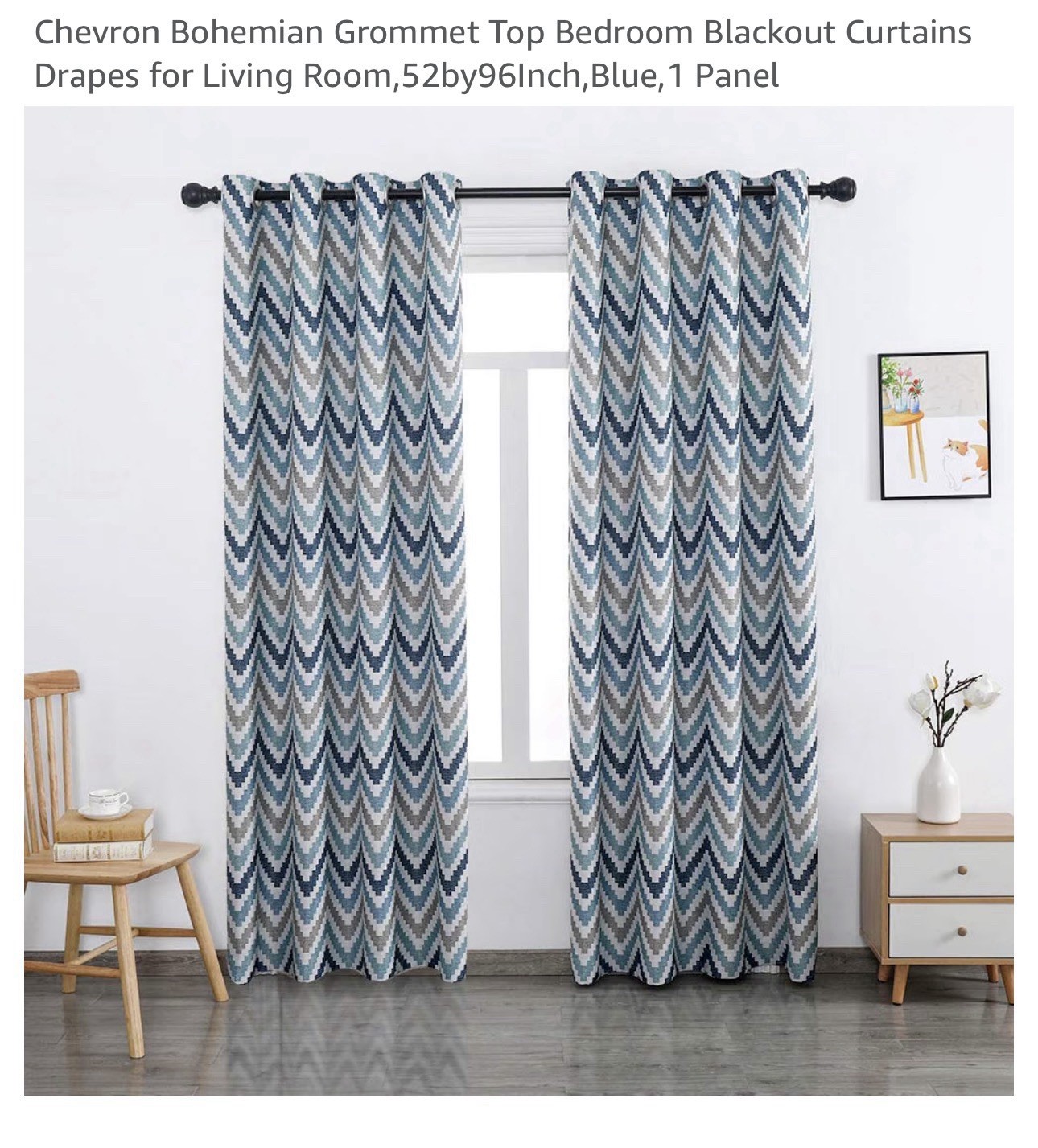 Bohemian Chevron Blackout Grommet Top Curtain Panel 52×96 Blue/Gray/White