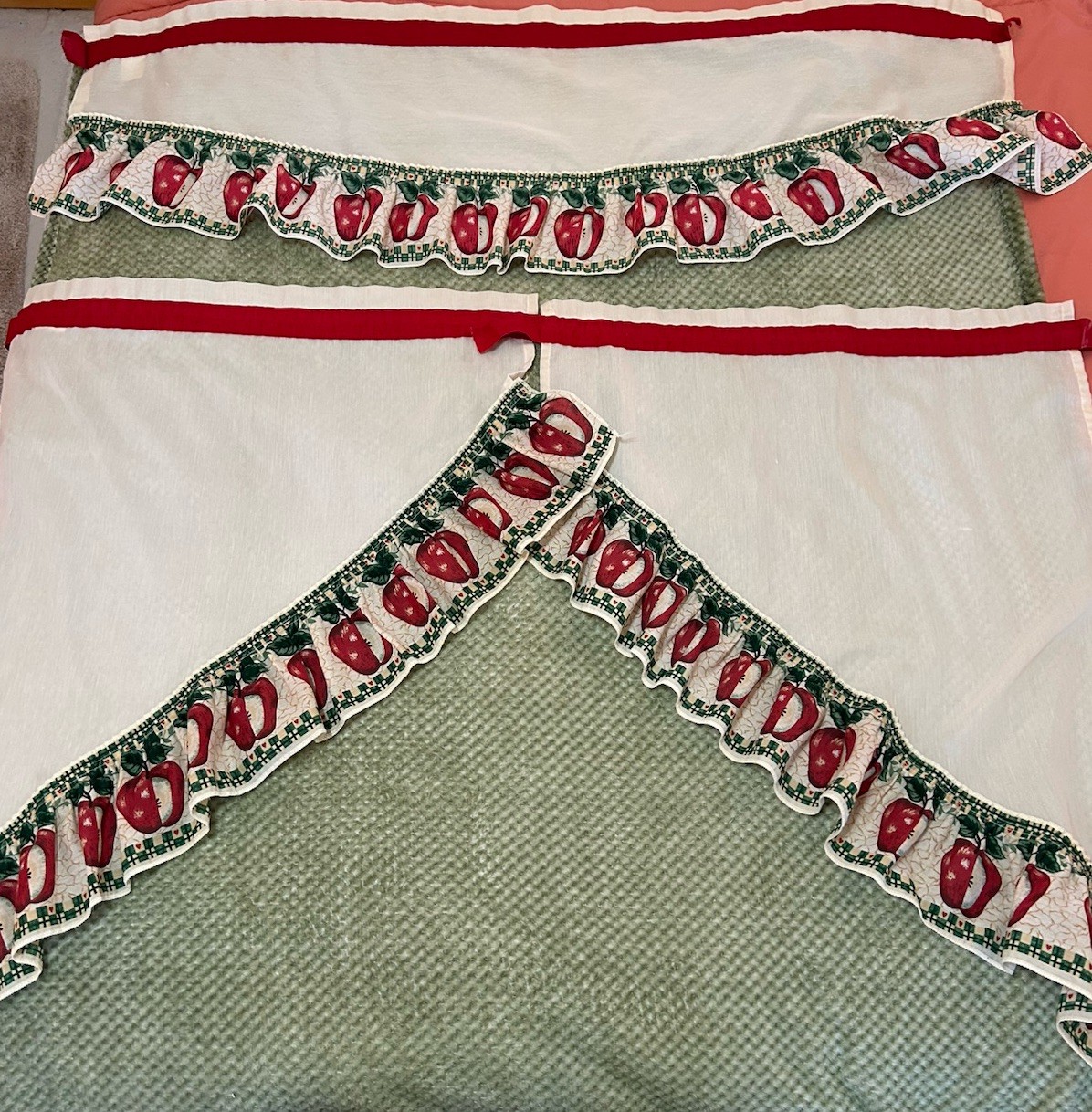 One Pair Curtain Valance 50 x 38 Vintage Apple Print Ruffled Green Lattice Cream