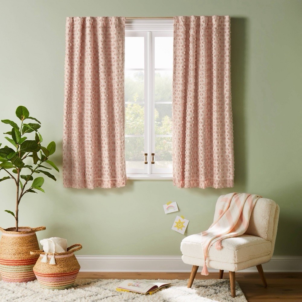 Pillowfort Pink Dotted Blackout Kids Window Curtain Panel 42×63 New