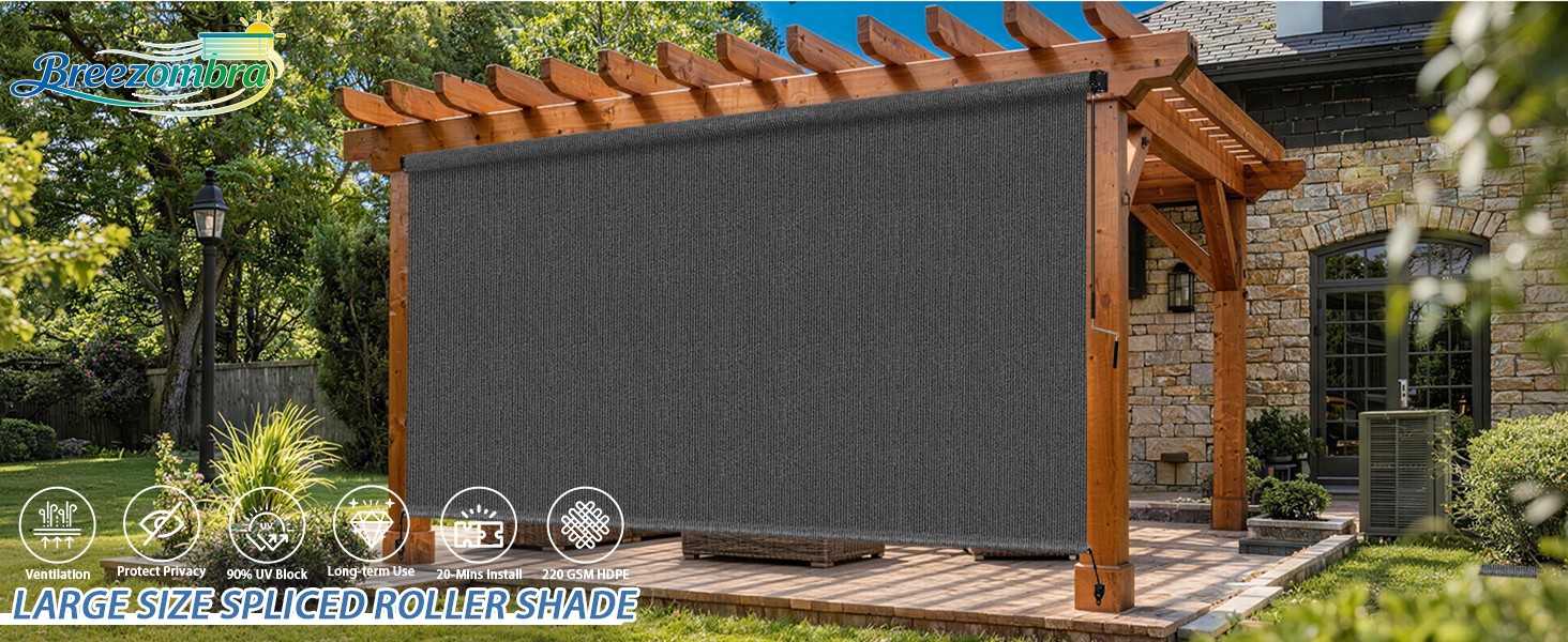 10’W x 8’H Gray Outdoor Roller Shade with Crank Wand Patio Shades Roll up,