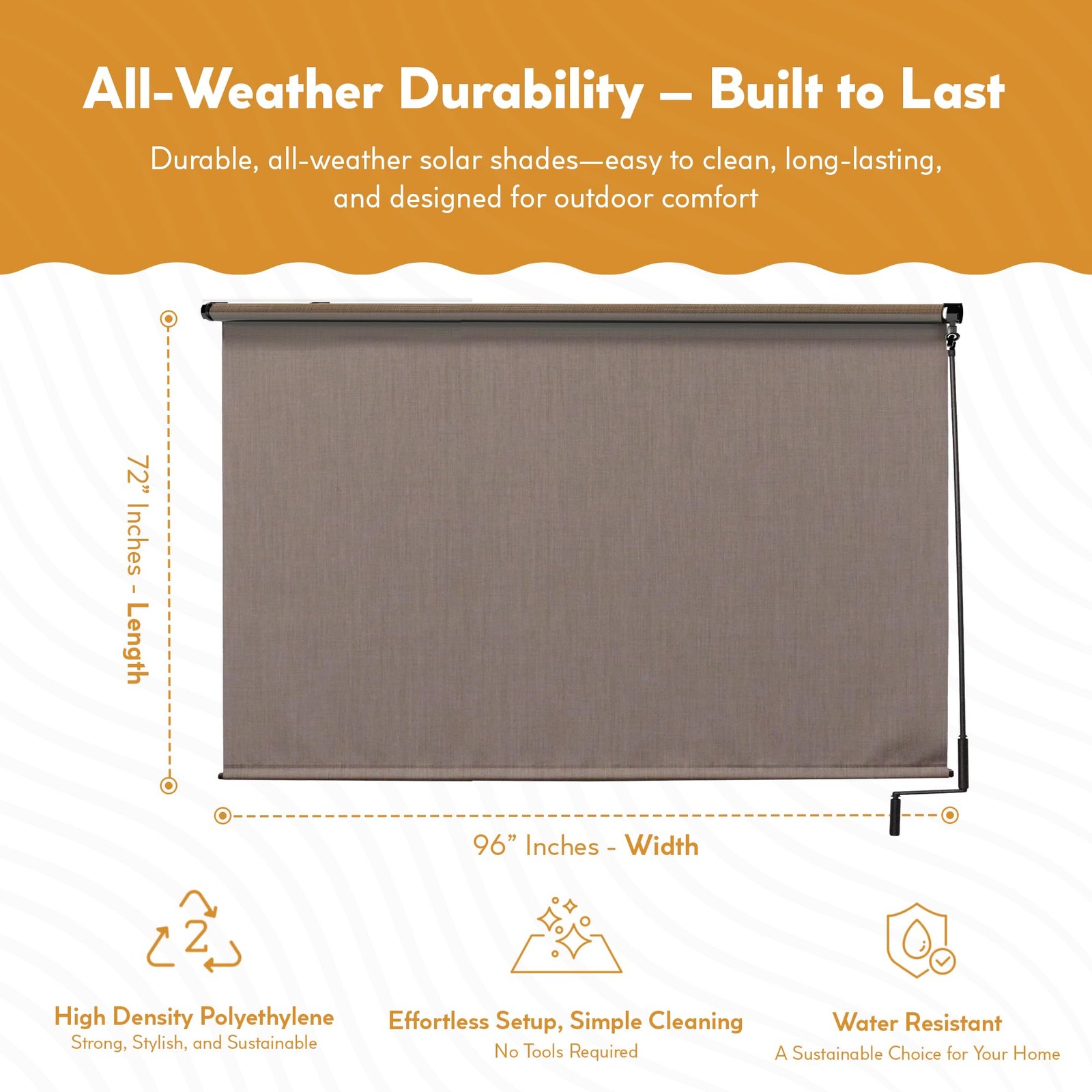 RADIANCE 0371696 Cordless Exterior Crank Operated Solar Shade, Coconut Brown,