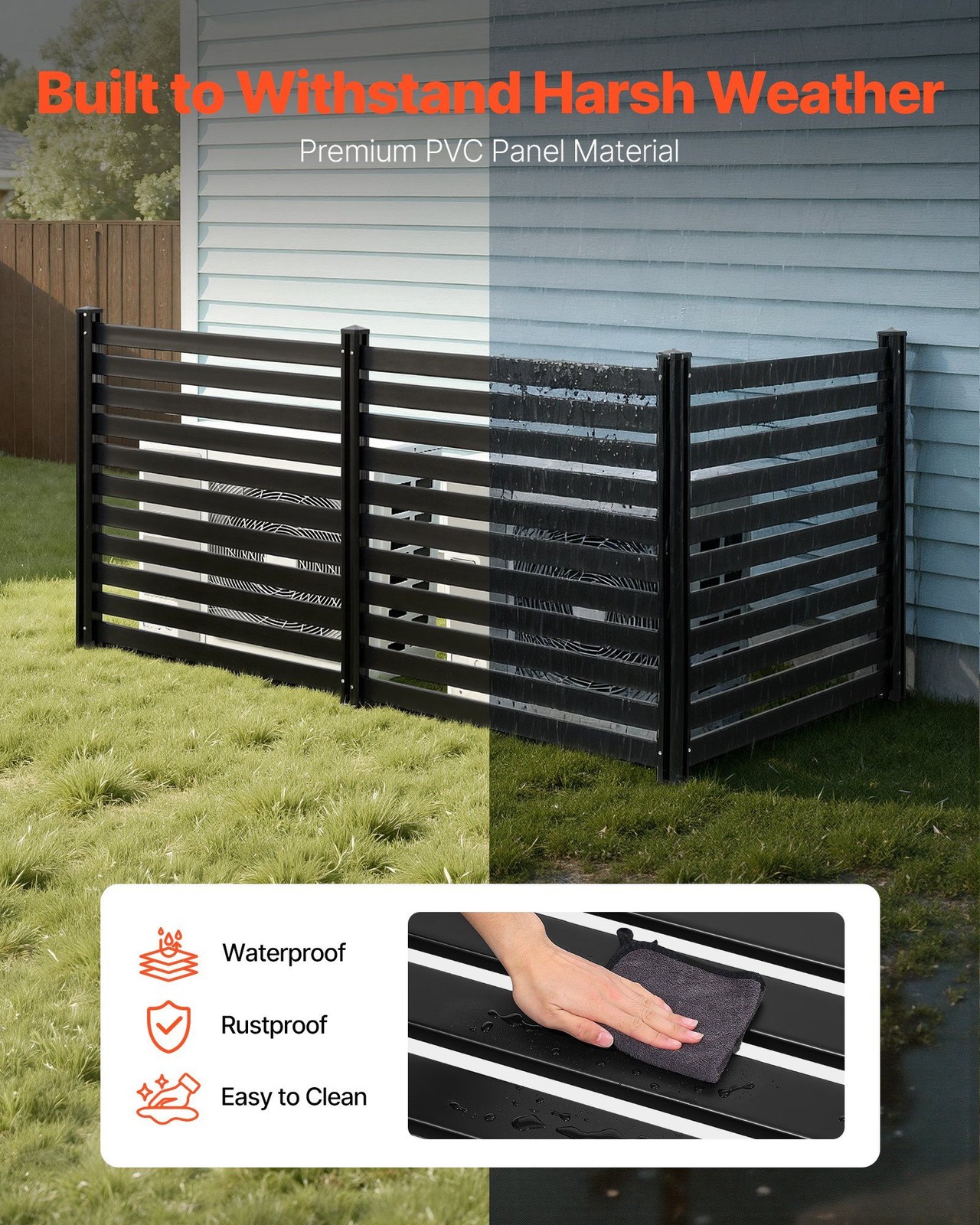 3-Panel Vinyl Privacy Screen 50x48in w/ 27.6in Galvanized Stakes, Black