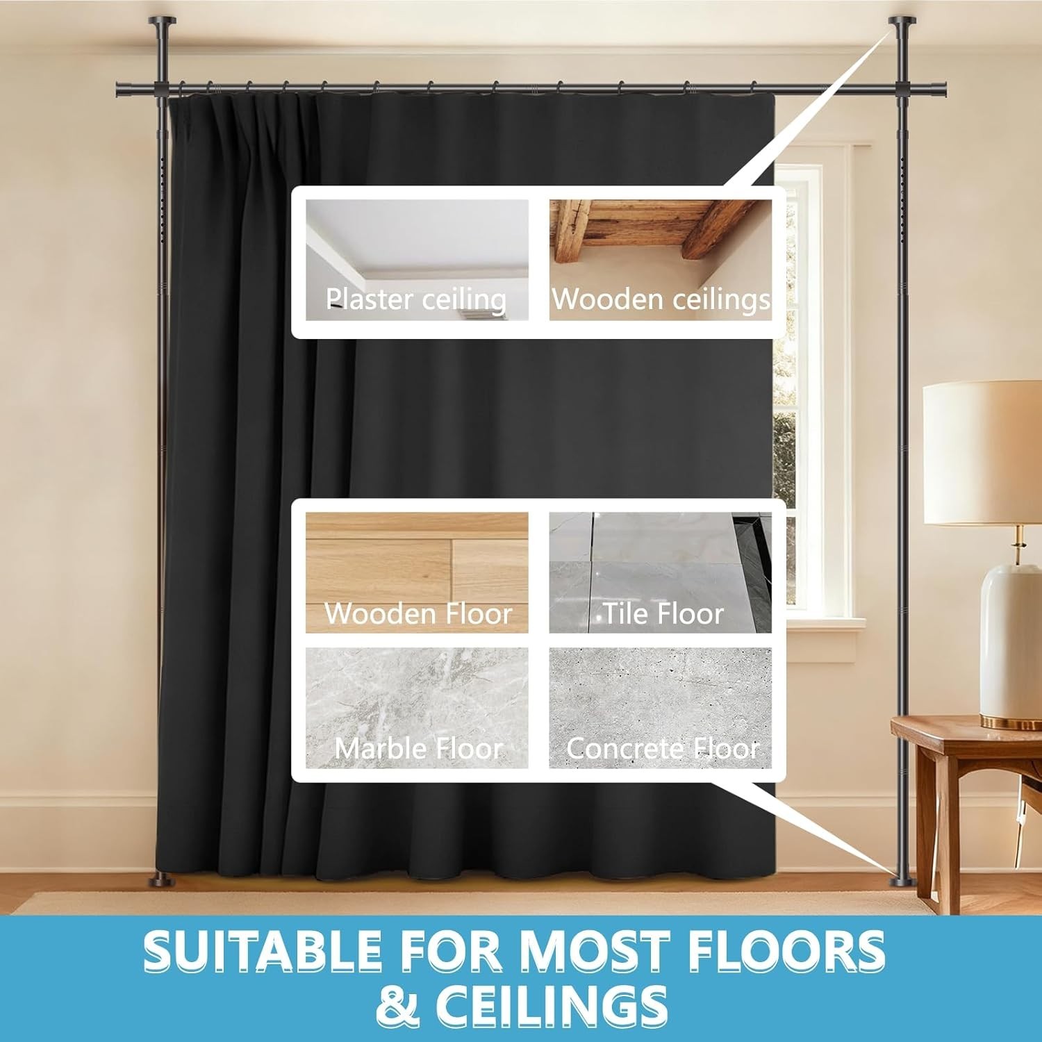 Drill Room Divider Curtain Set: Includes 106″ W x 84″ L Black Curtain & Adjustab
